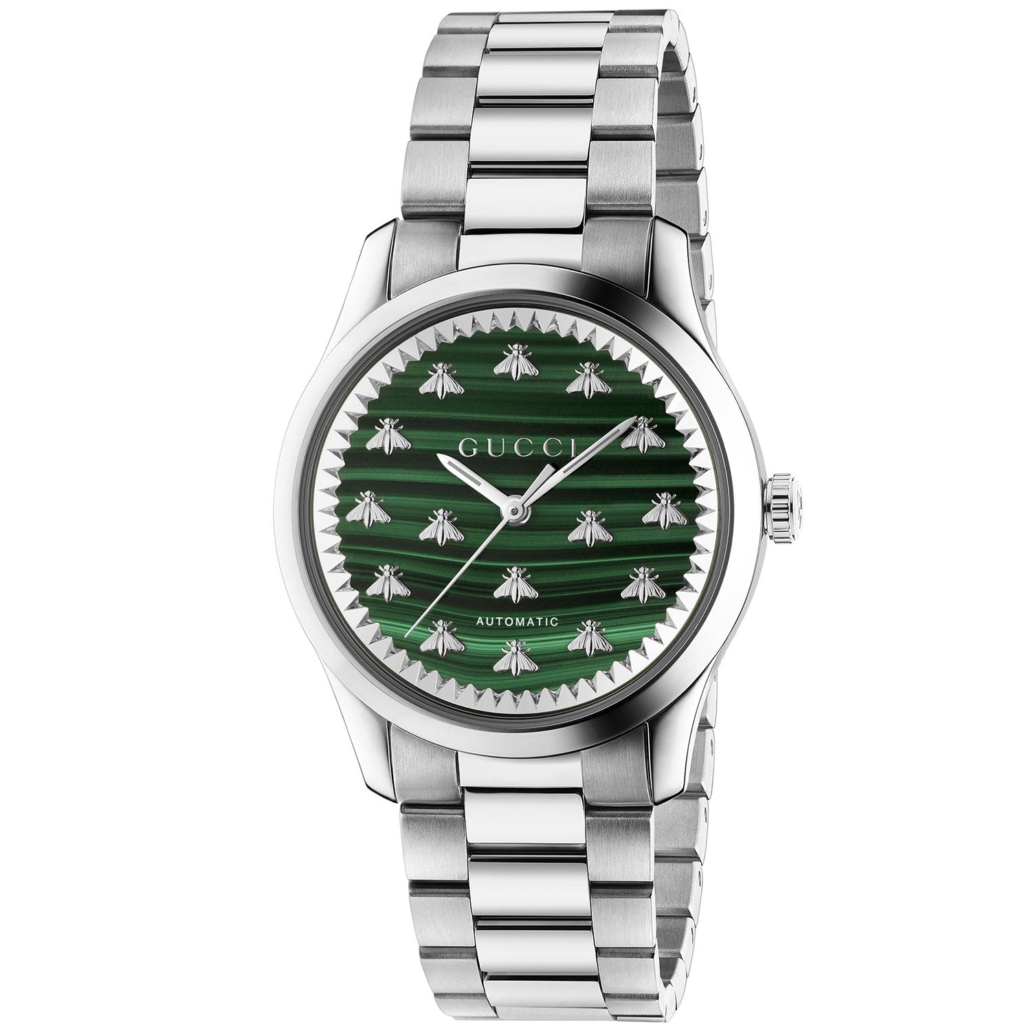 Gucci G-Timeless 38mm Green Malachite Bee Motif Dial Automatic Bracelet Watch - Berry's Jewellers