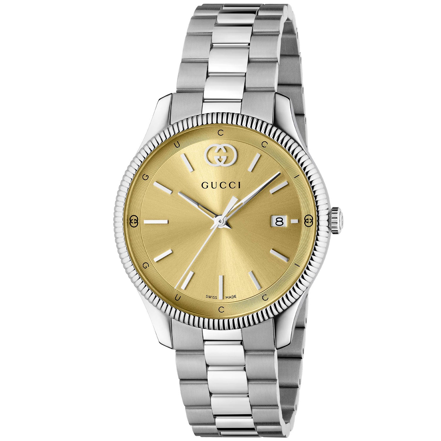 Gucci G-Timeless Quartz 38mm Stainless Steel Gold Dial Bracelet Watch - Berry's Jewellers