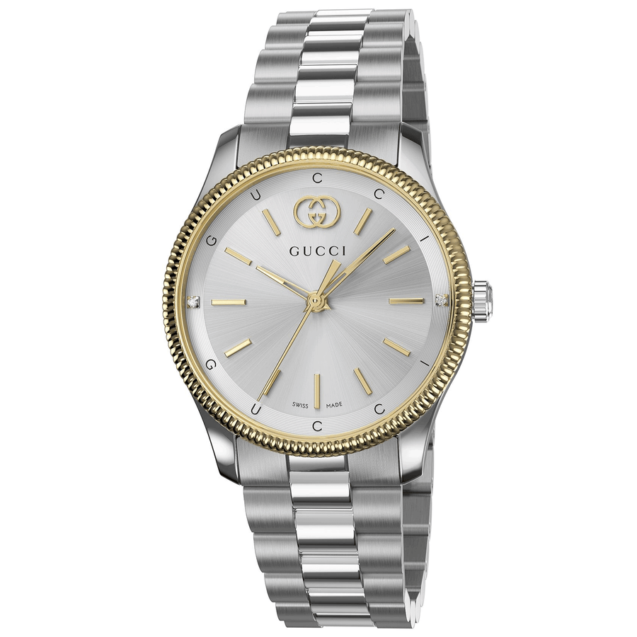 G-Timeless Quartz 29mm Stainless Steel Silver Dial Gold Plated Bezel Bracelet Watch