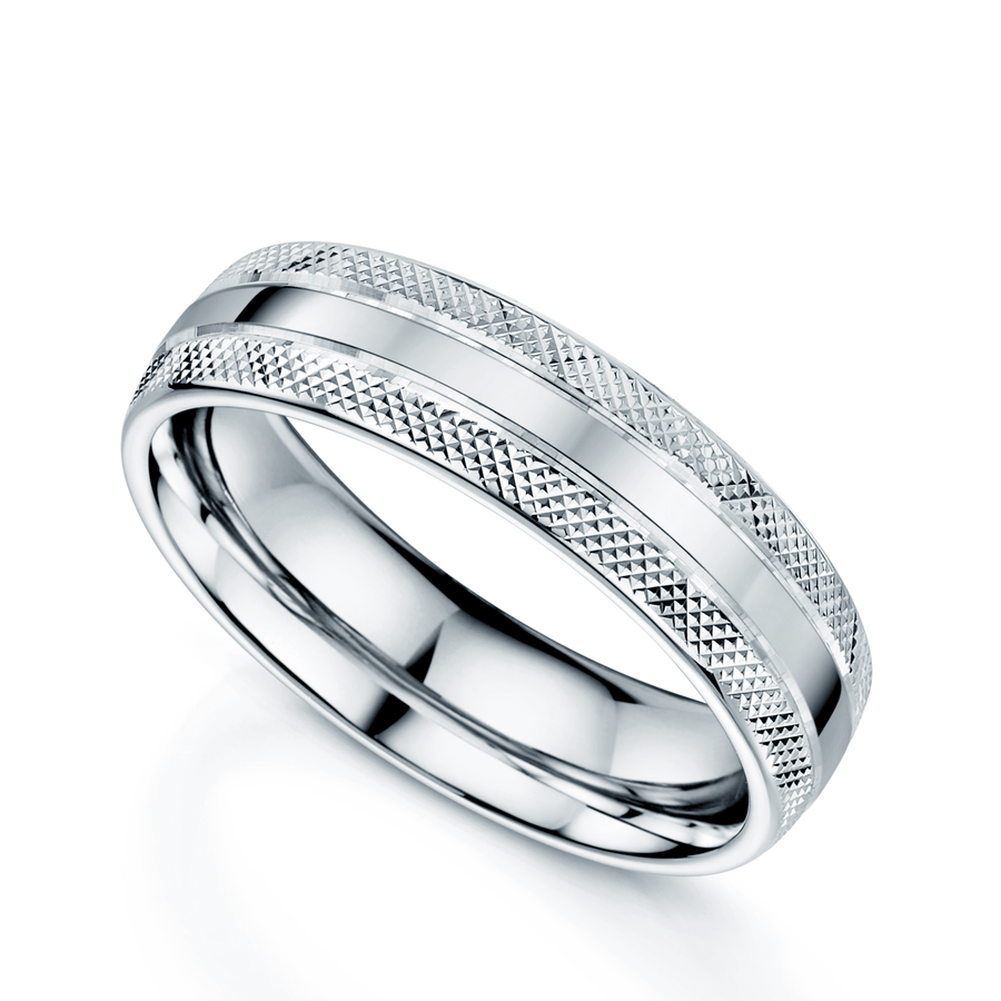 Platinum Polished Criss-Cross Patterned Edge Court Shape Wedding Ring