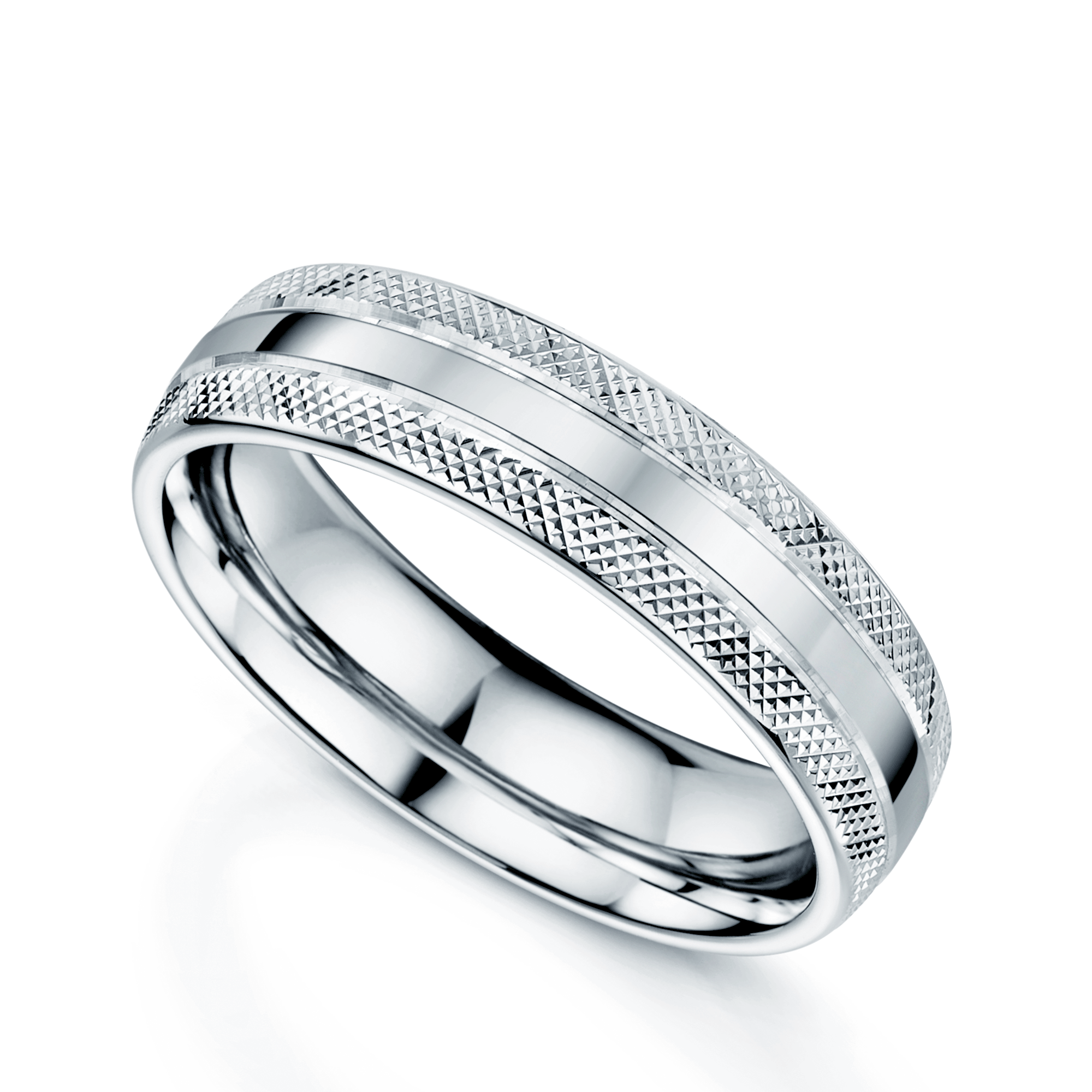 Platinum Polished Criss-Cross Patterned Edge Court Shape Wedding Ring