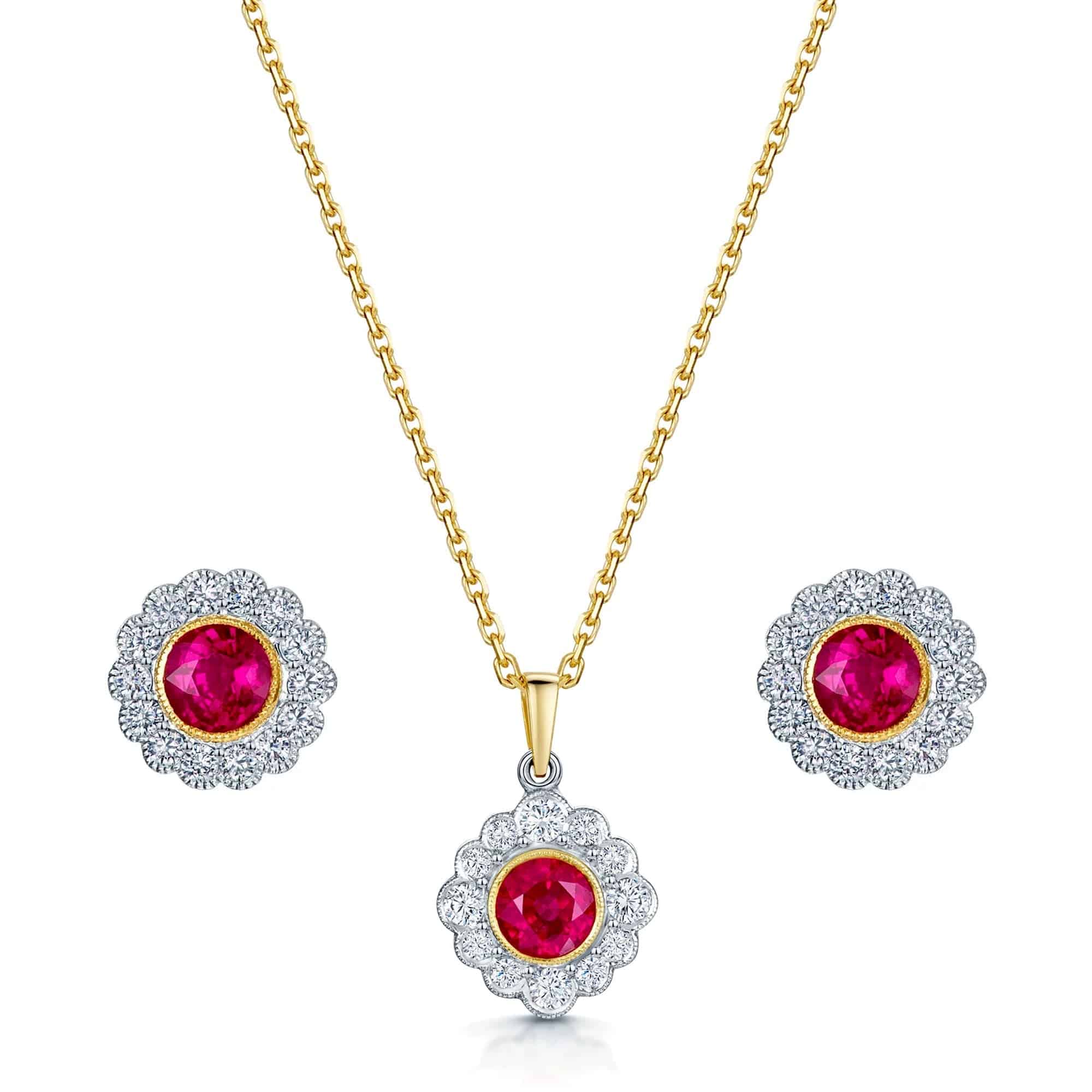 18ct Gold Ruby & Diamond Cluster Pendant & Earring Set