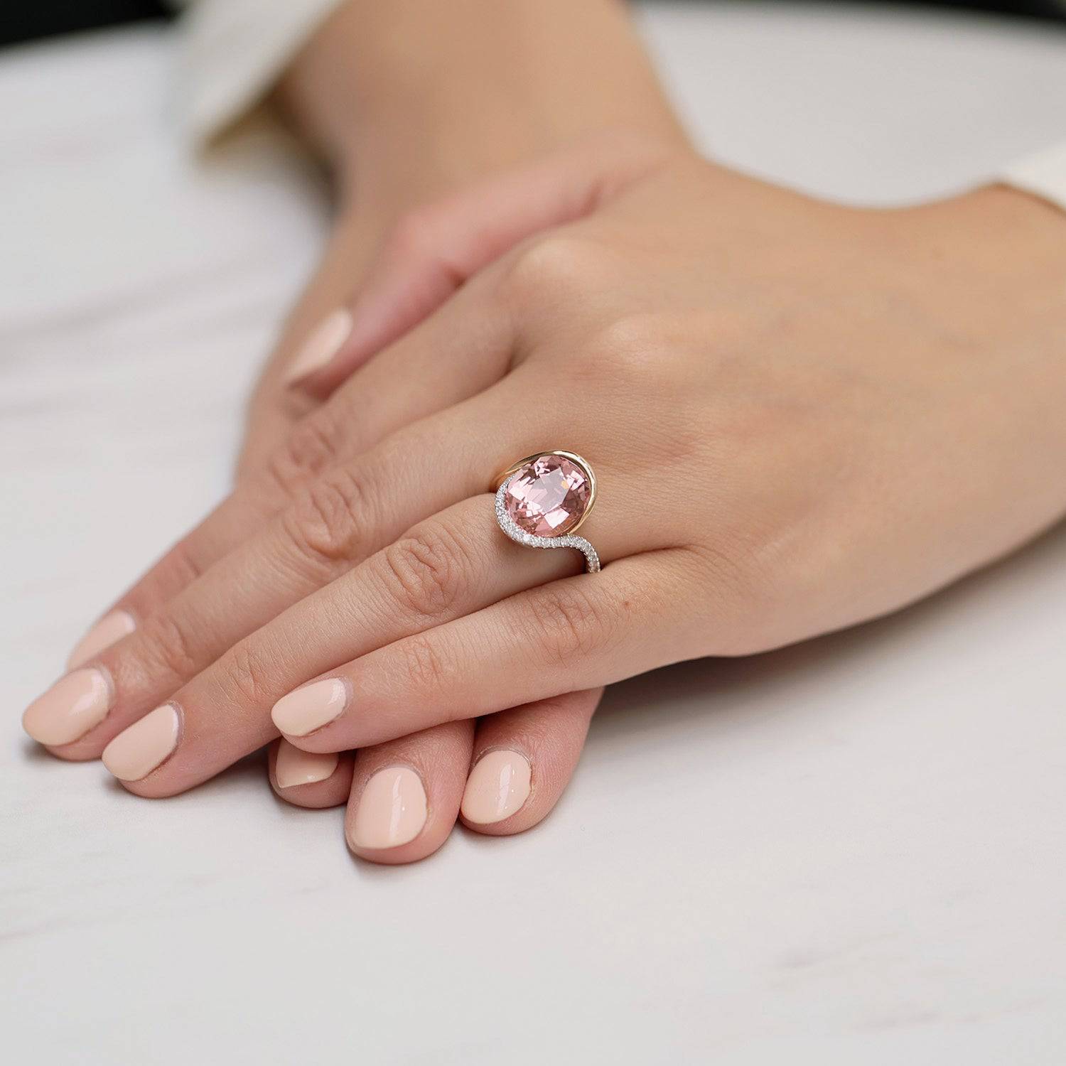 18ct Rose And White Gold Oval Cut Pink Tourmaline And Diamond Pave Set Dress Ring