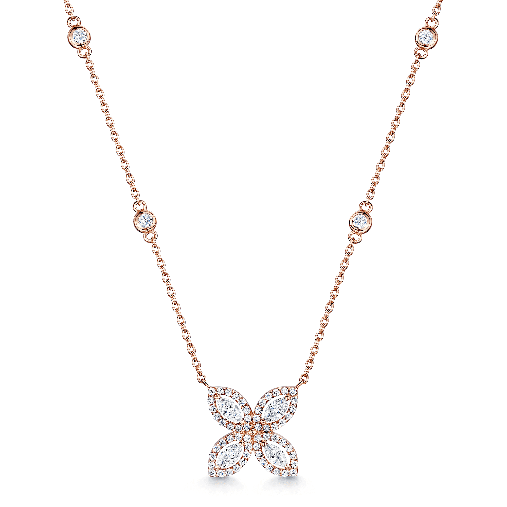 18ct Rose Gold Four Petal Marquise And Round Brilliant Cut Diamond Pendant