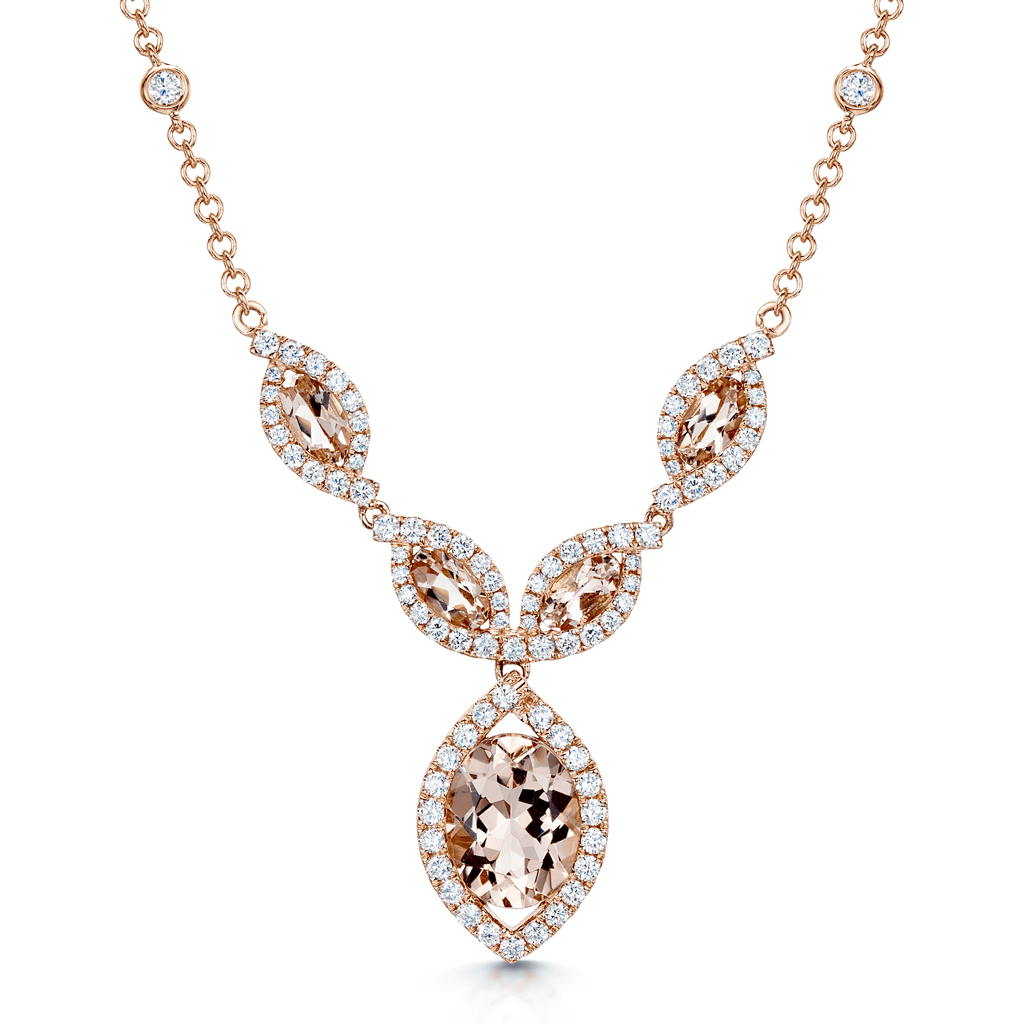 Berry's 18ct Rose Gold Morganite And Diamond Halo Set Fancy Necklet - Berry's Jewellers