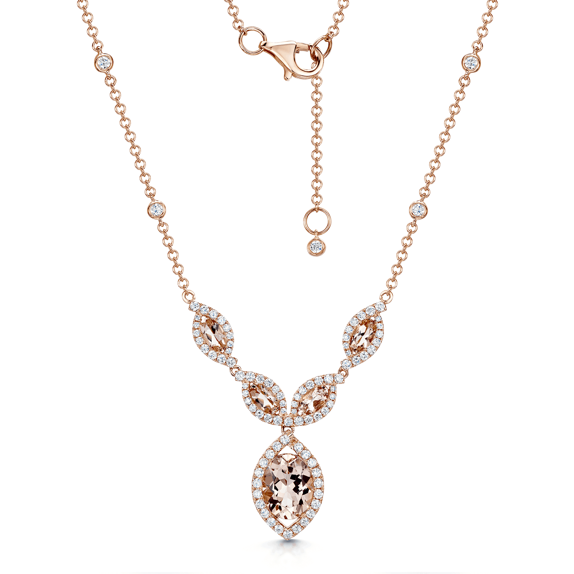 Berry's 18ct Rose Gold Morganite And Diamond Halo Set Fancy Necklet - Berry's Jewellers