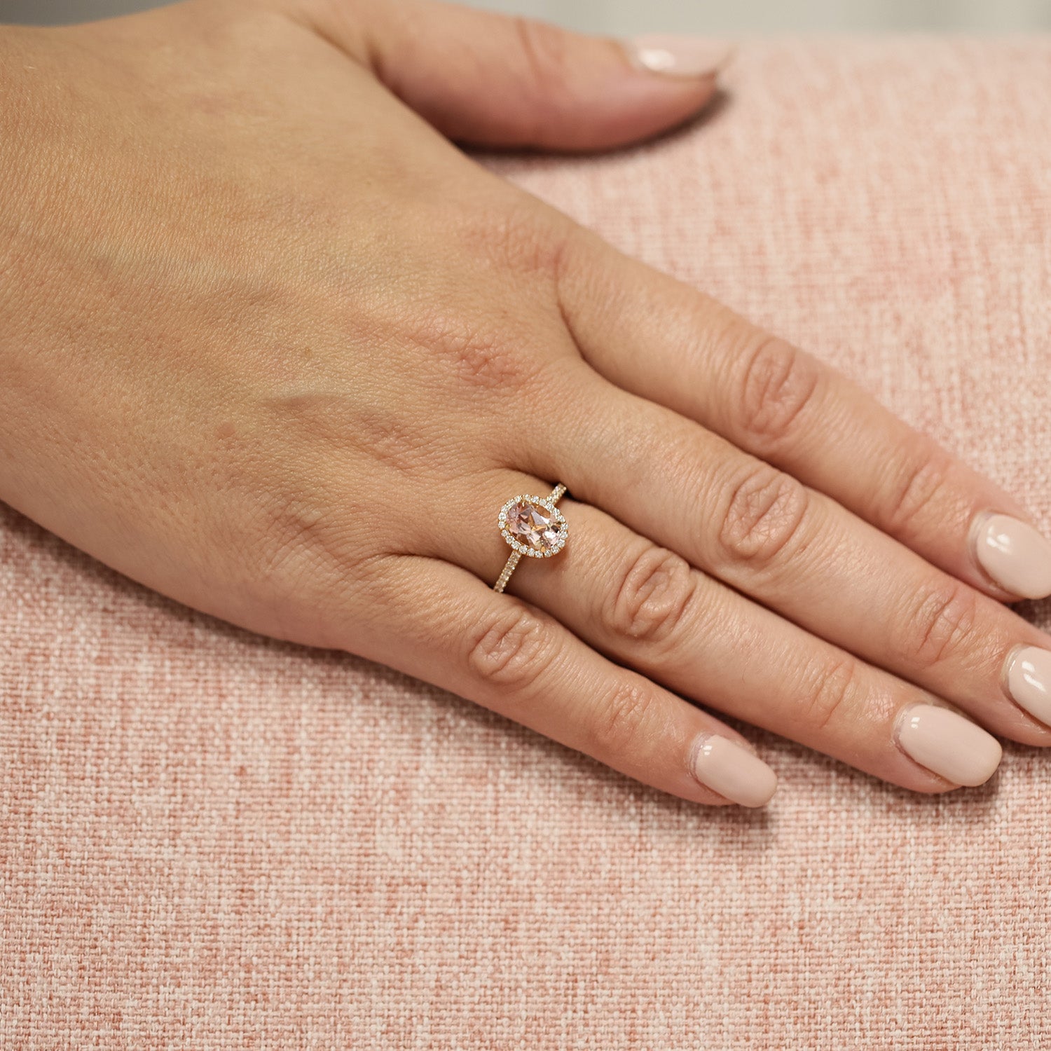 18ct Rose Gold Oval Cut Morganite and Diamond Claw Set Halo Ring with Diamond Shoulders