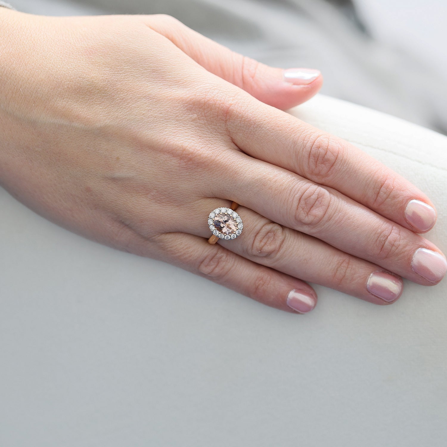 18ct Rose Gold Oval Morganite And Diamond Cluster Ring