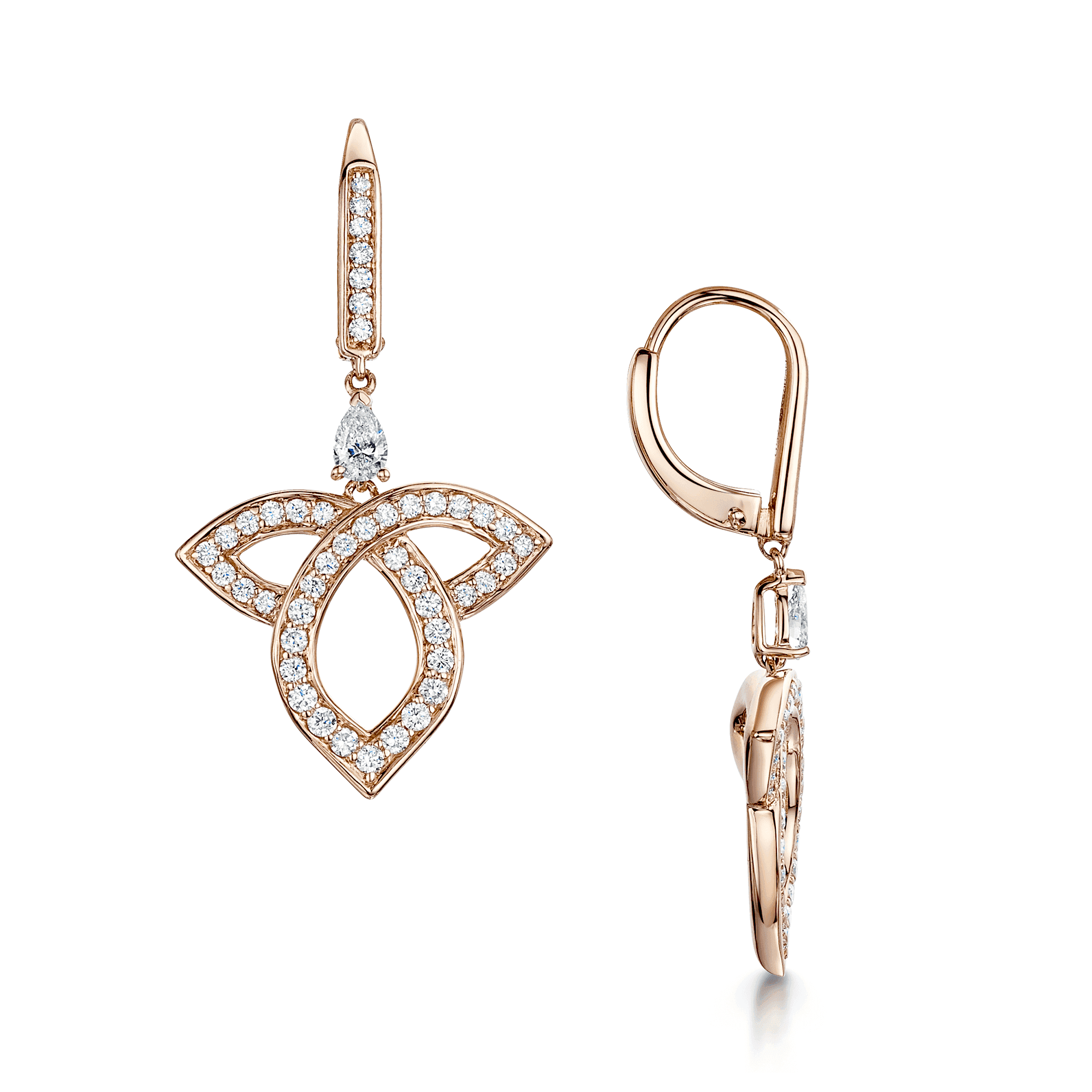 Berry's 18ct Rose Gold Pear And Round Brilliant Cut Open Lotus Drop Earrings - Berry's Jewellers