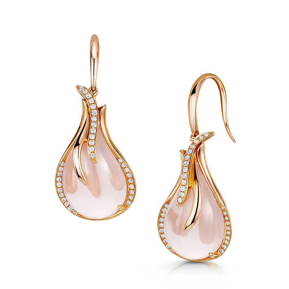 18ct Rose Gold Rose Quartz & Diamond Pear Shape Cabochon Drop Earrings