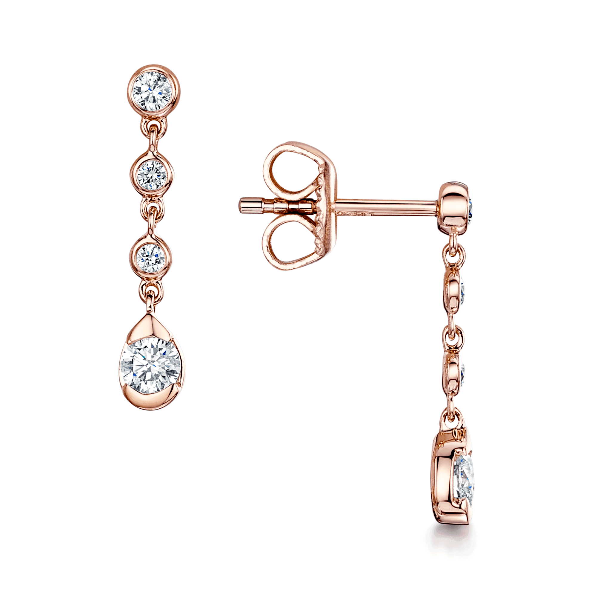 Berry's 18ct Rose Gold Round Brilliant Cut Diamond Drop Earrings In A Rub Over Setting - Berry's Jewellers