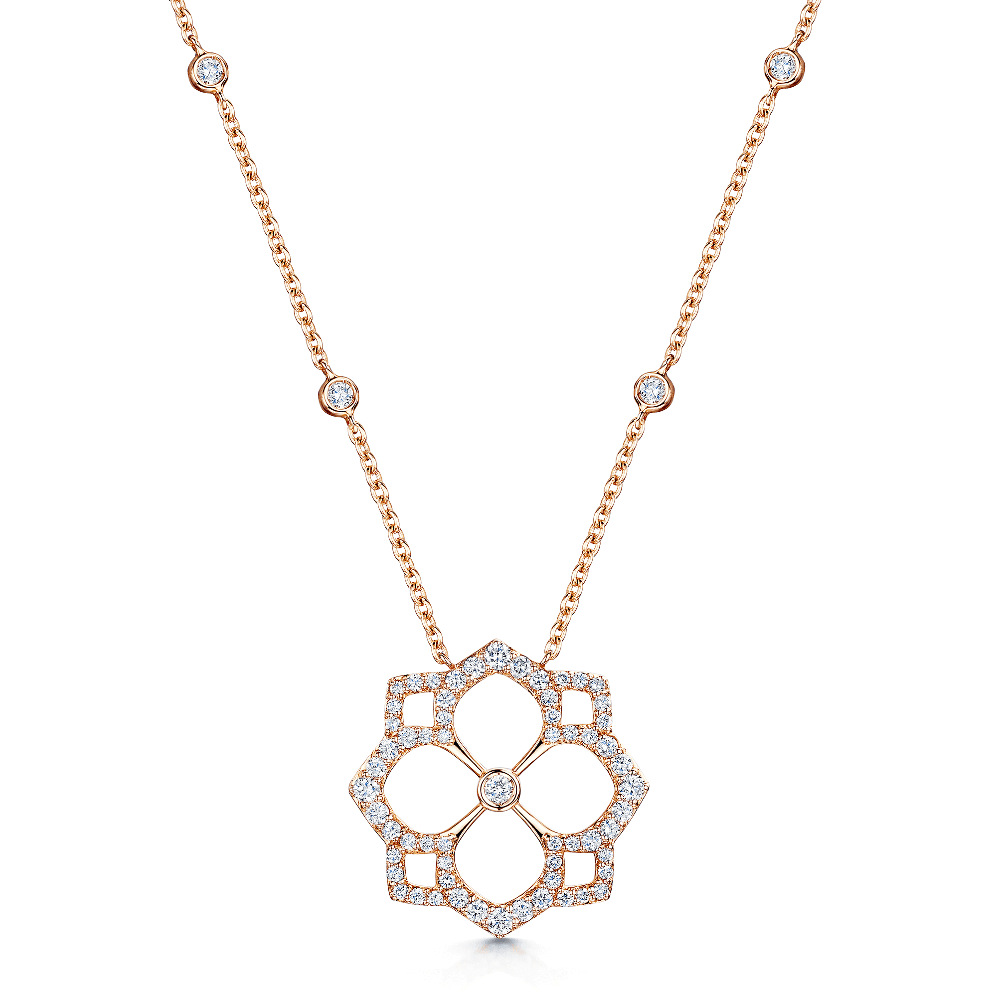 18ct Rose Gold Round Brilliant Cut Diamond Open Flower Pendant