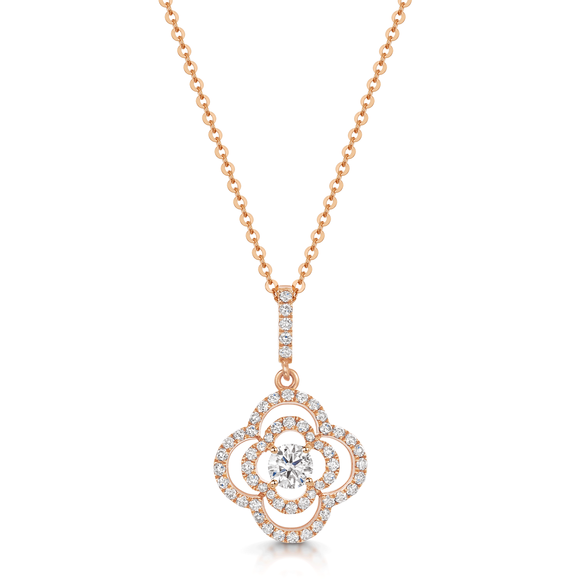 18ct Rose Gold Round Brilliant Cut Diamond Open Flower Pendant