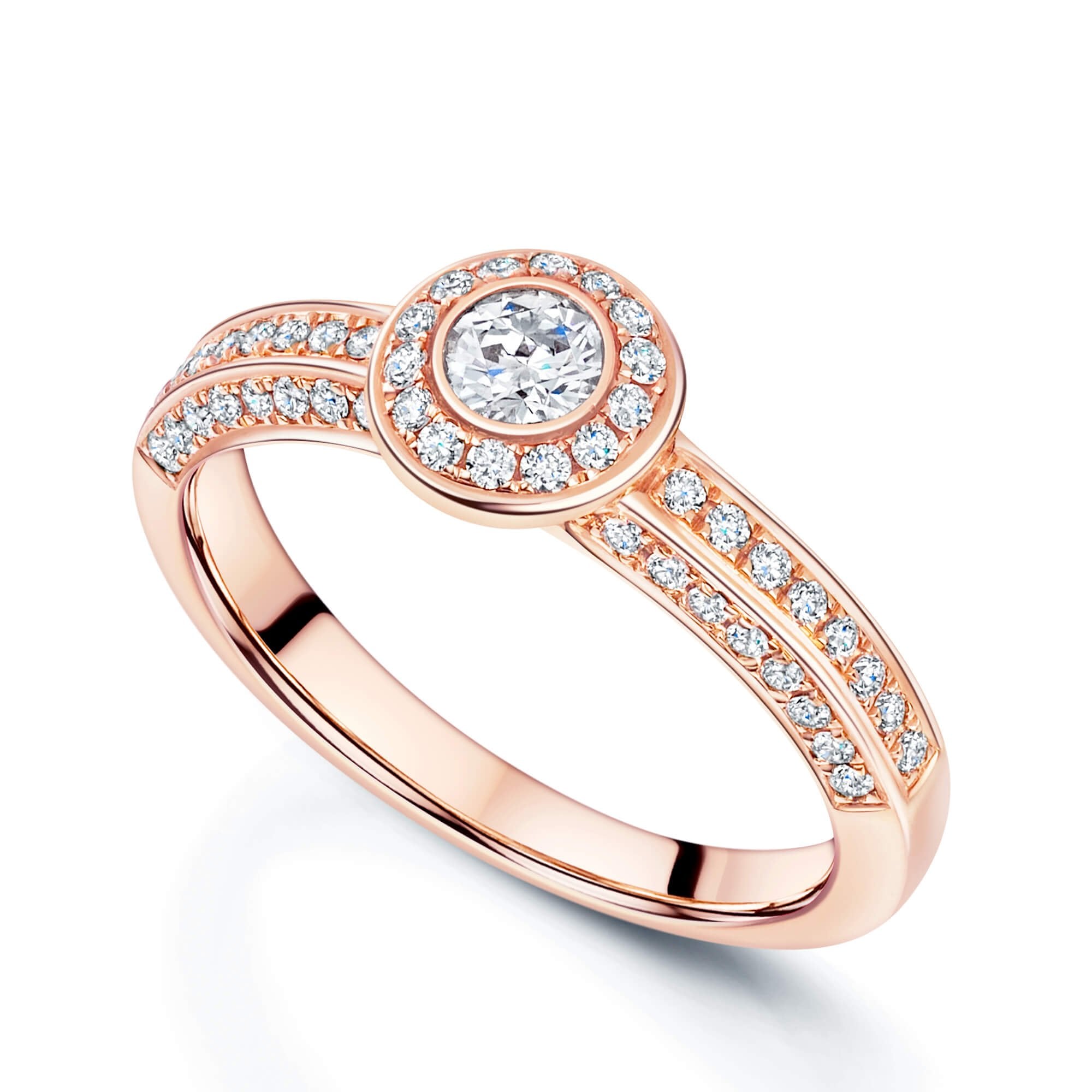 18ct Rose Gold Round Brilliant Cut Halo Diamond Ring With Diamond Set Shoulders