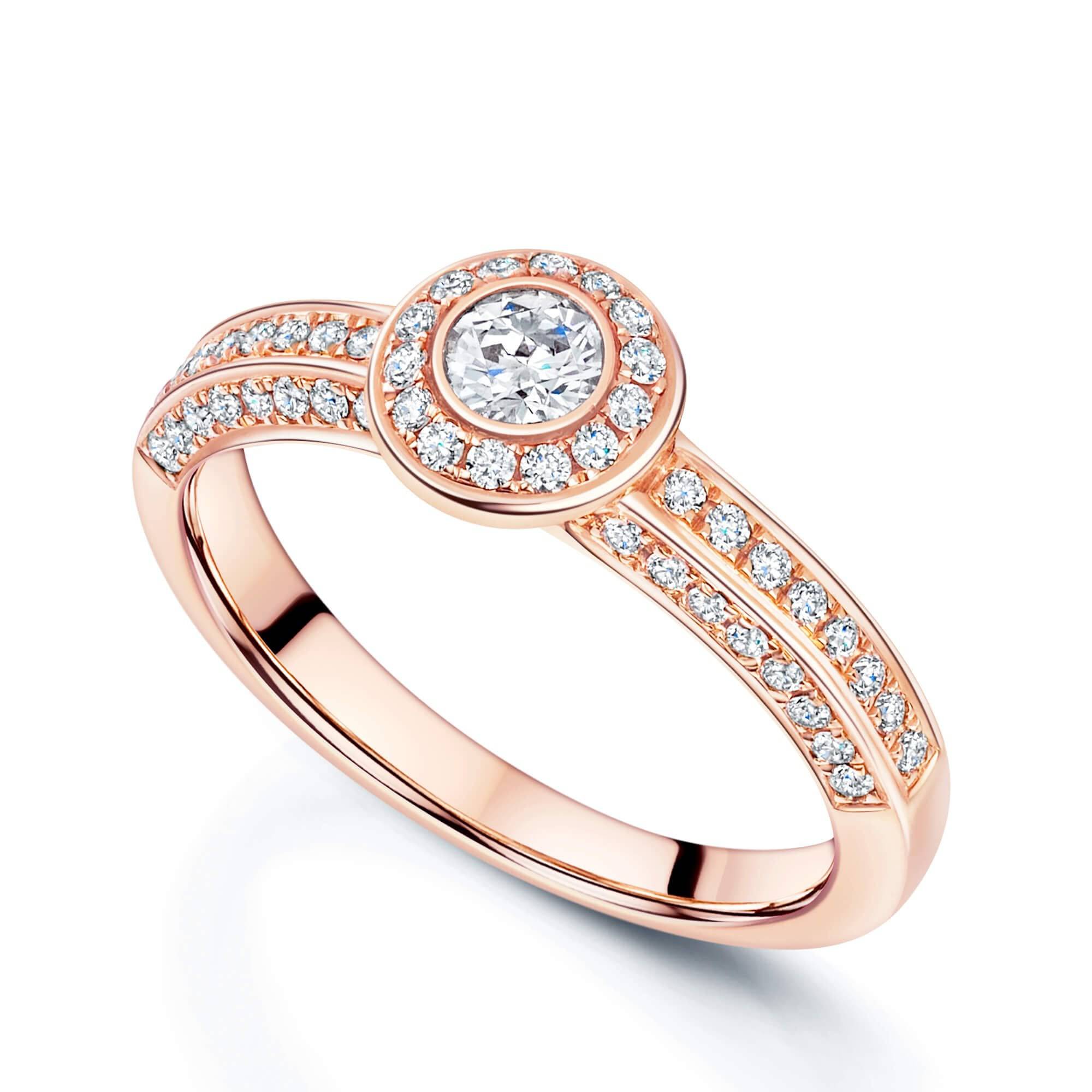 Berry's 18ct Rose Gold Round Brilliant Cut Halo Diamond Ring With Diamond Set Shoulders - Berry's Jewellers