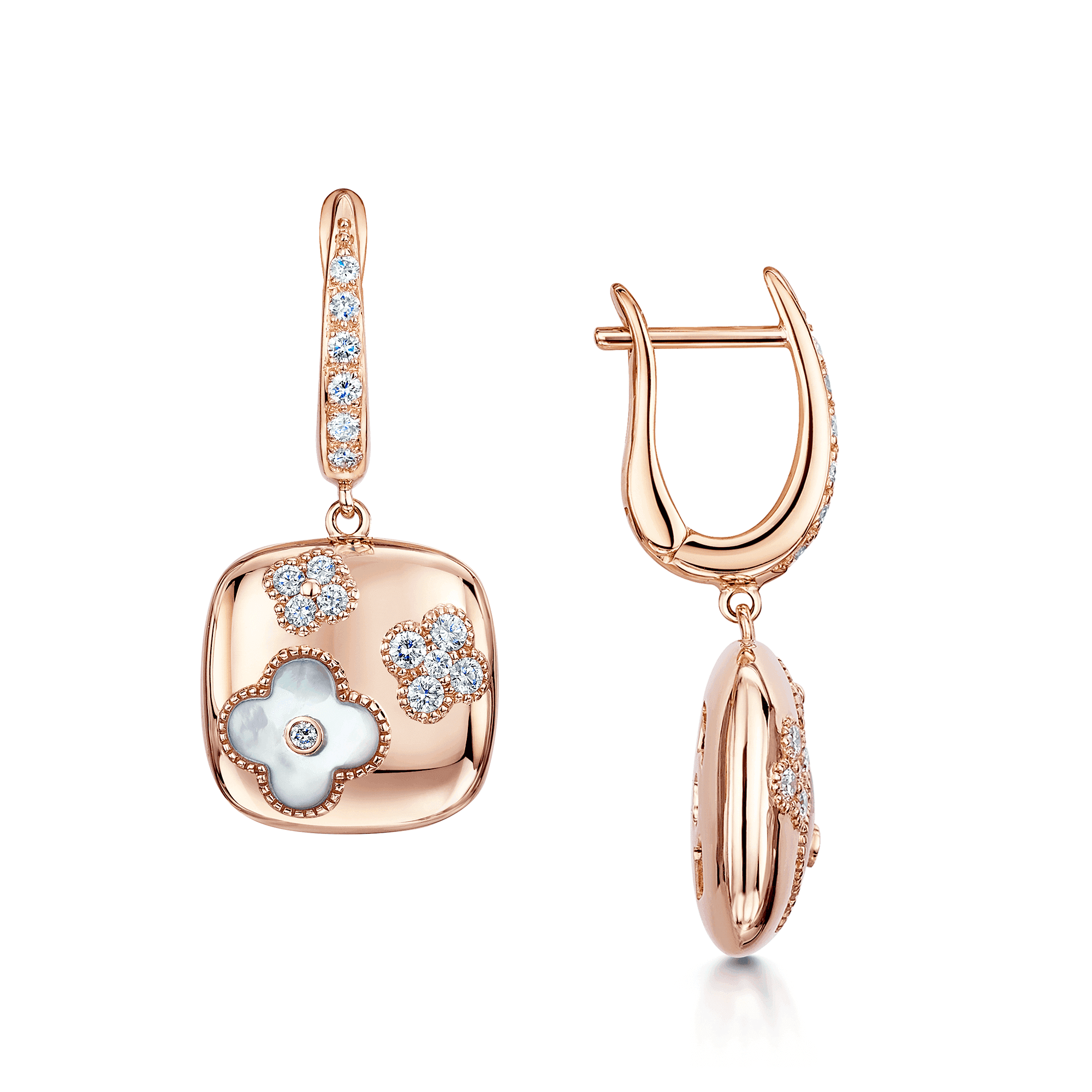 Berry's 18ct Rose Gold Square Flower Diamond And Mother Of Pearl Drop Earrings With A Diamond Hoop - Berry's Jewellers