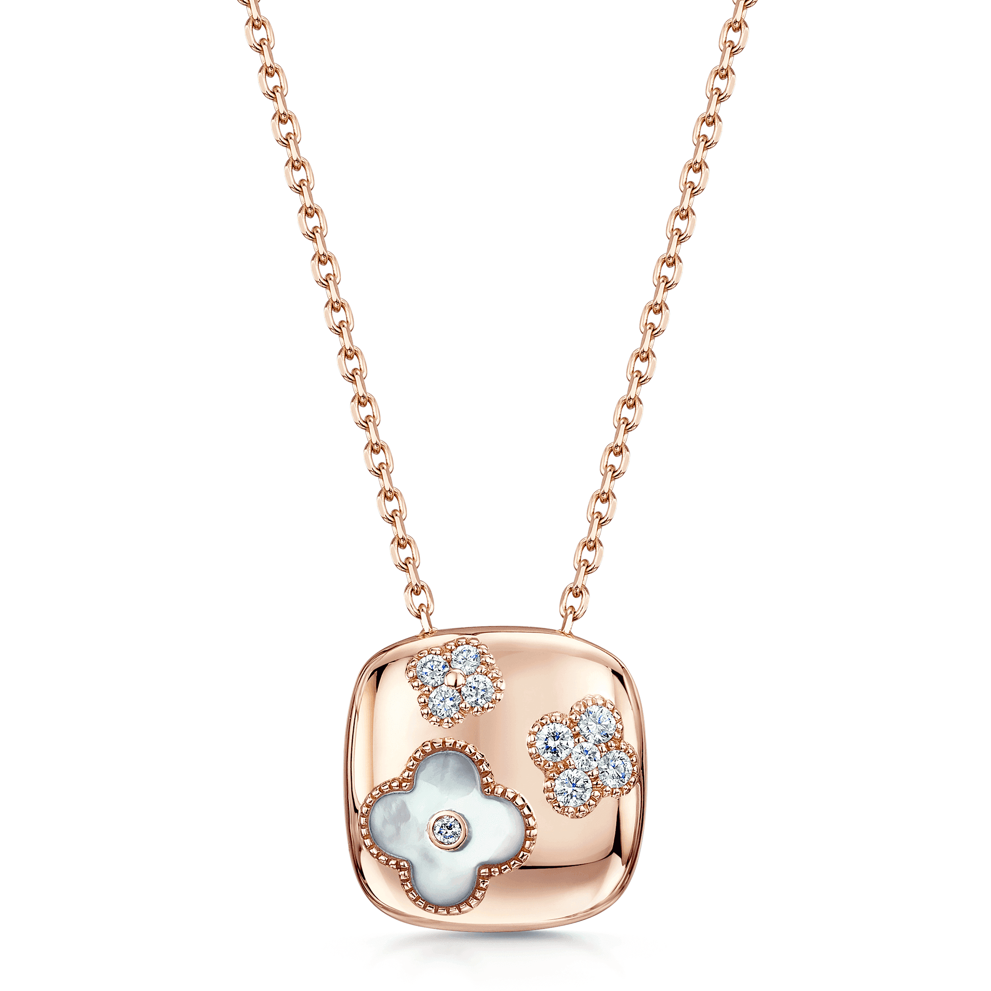 Berry's 18ct Rose Gold Square Flower Pendant With Diamonds and Mother Of Pearl Flower - Berry's Jewellers