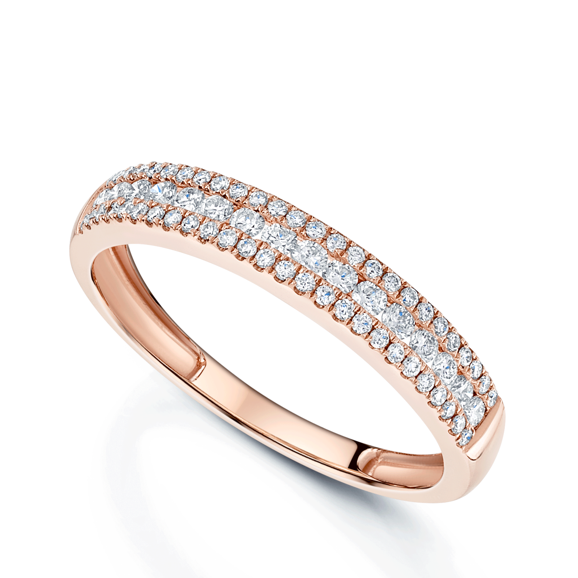 18ct Rose Gold Three Row Round Brilliant Cut Diamond Claw Set Ring