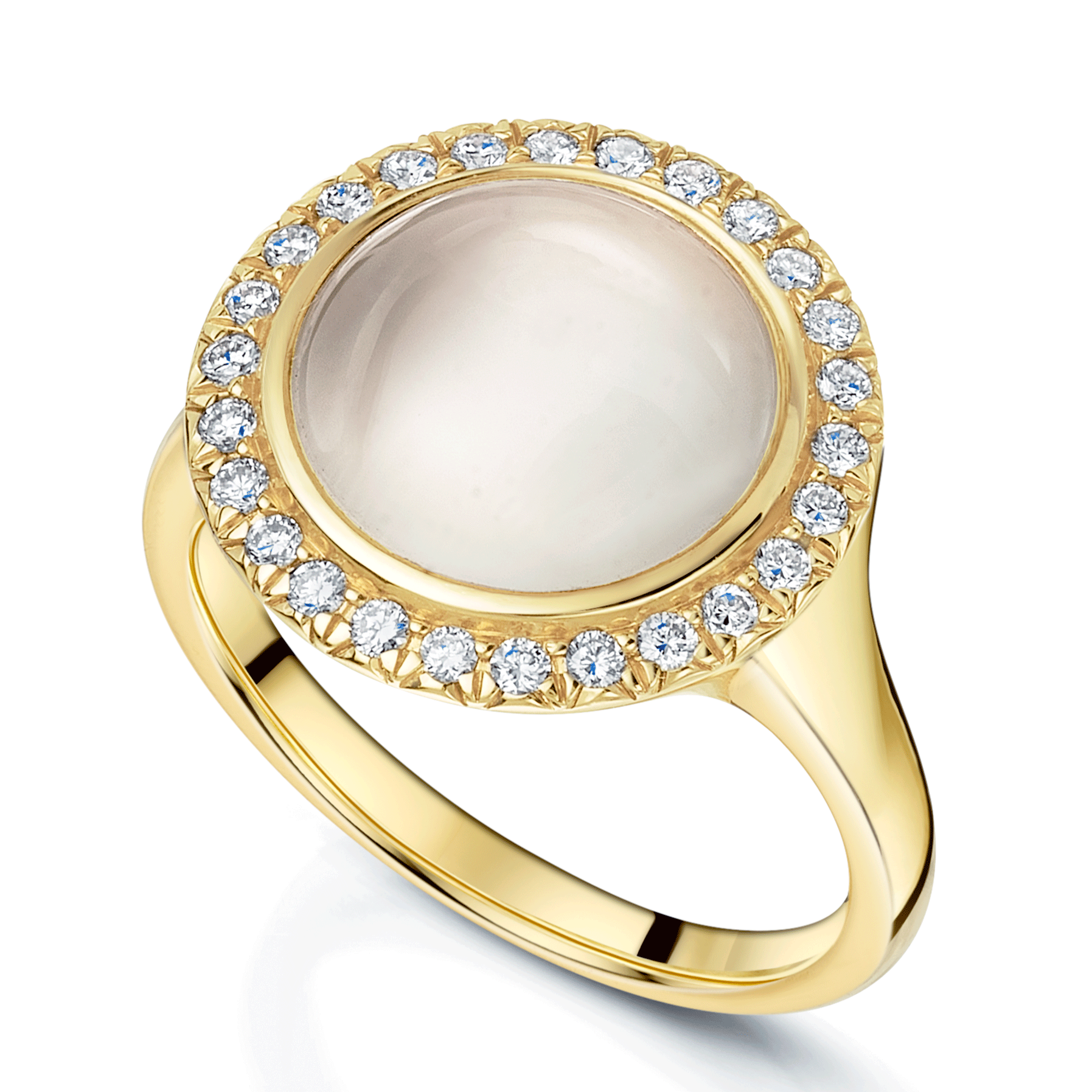 Berry's 18ct Rose Gold White Moonstone Cabochon Diamond Halo Dress Ring - Berry's Jewellers