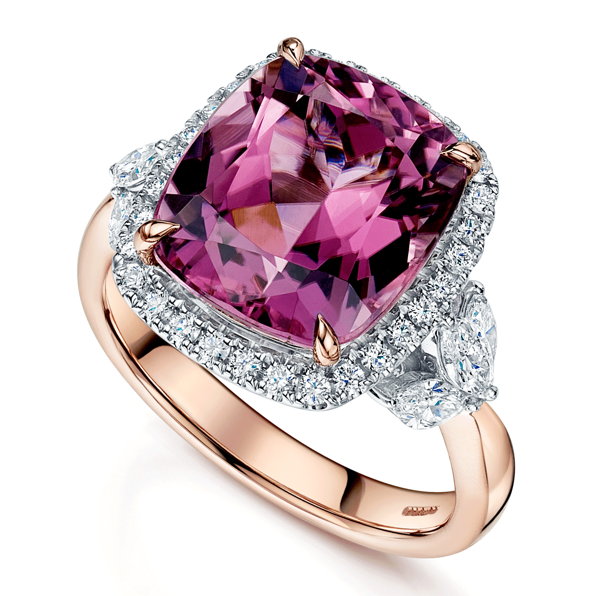 Berry's 18ct Rose & White Gold Cushion Cut Pink Tourmaline Diamond Halo Ring With Marquise Cut Diamond Shoulders - Berry's Jewellers