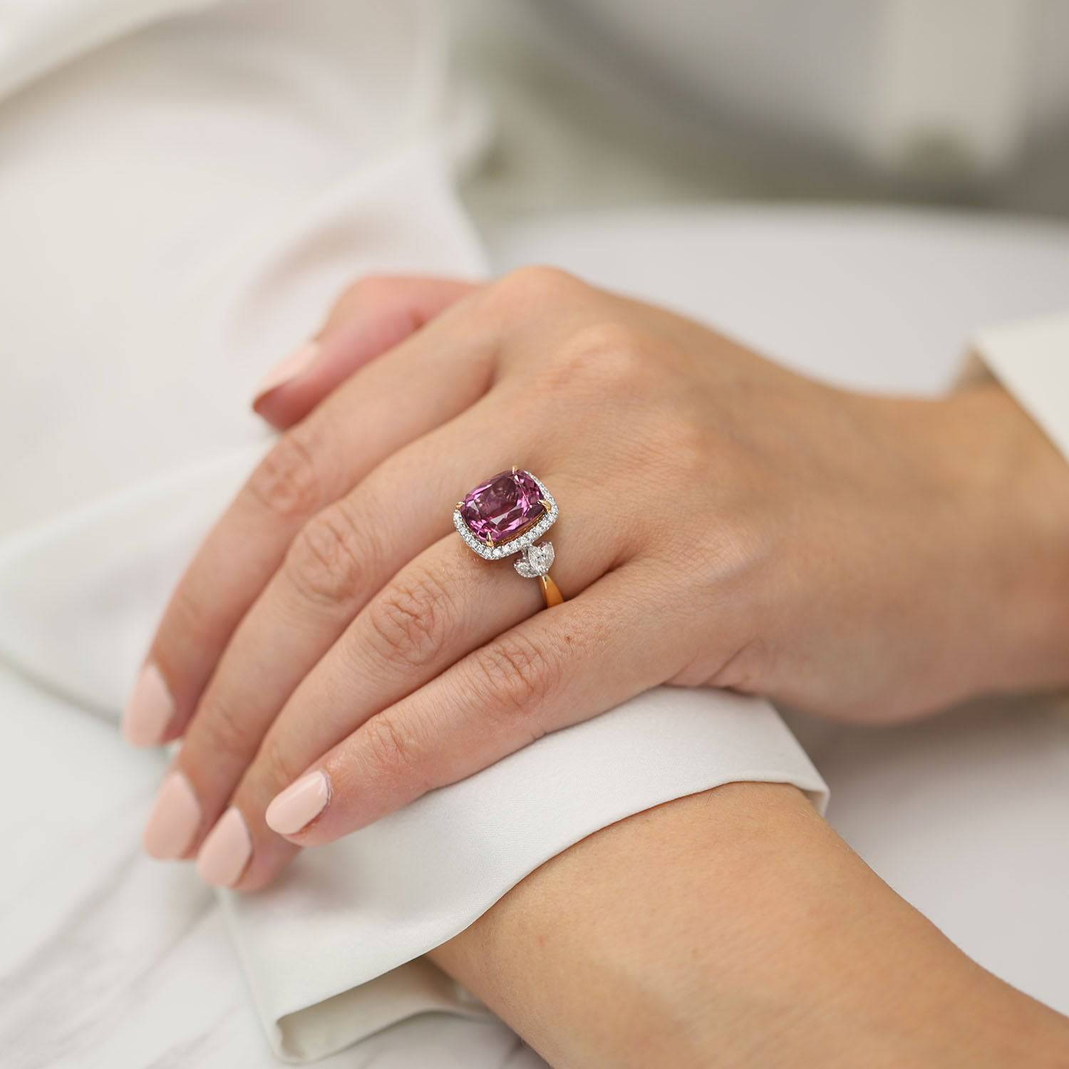 Berry's 18ct Rose & White Gold Cushion Cut Pink Tourmaline Diamond Halo Ring With Marquise Cut Diamond Shoulders - Berry's Jewellers