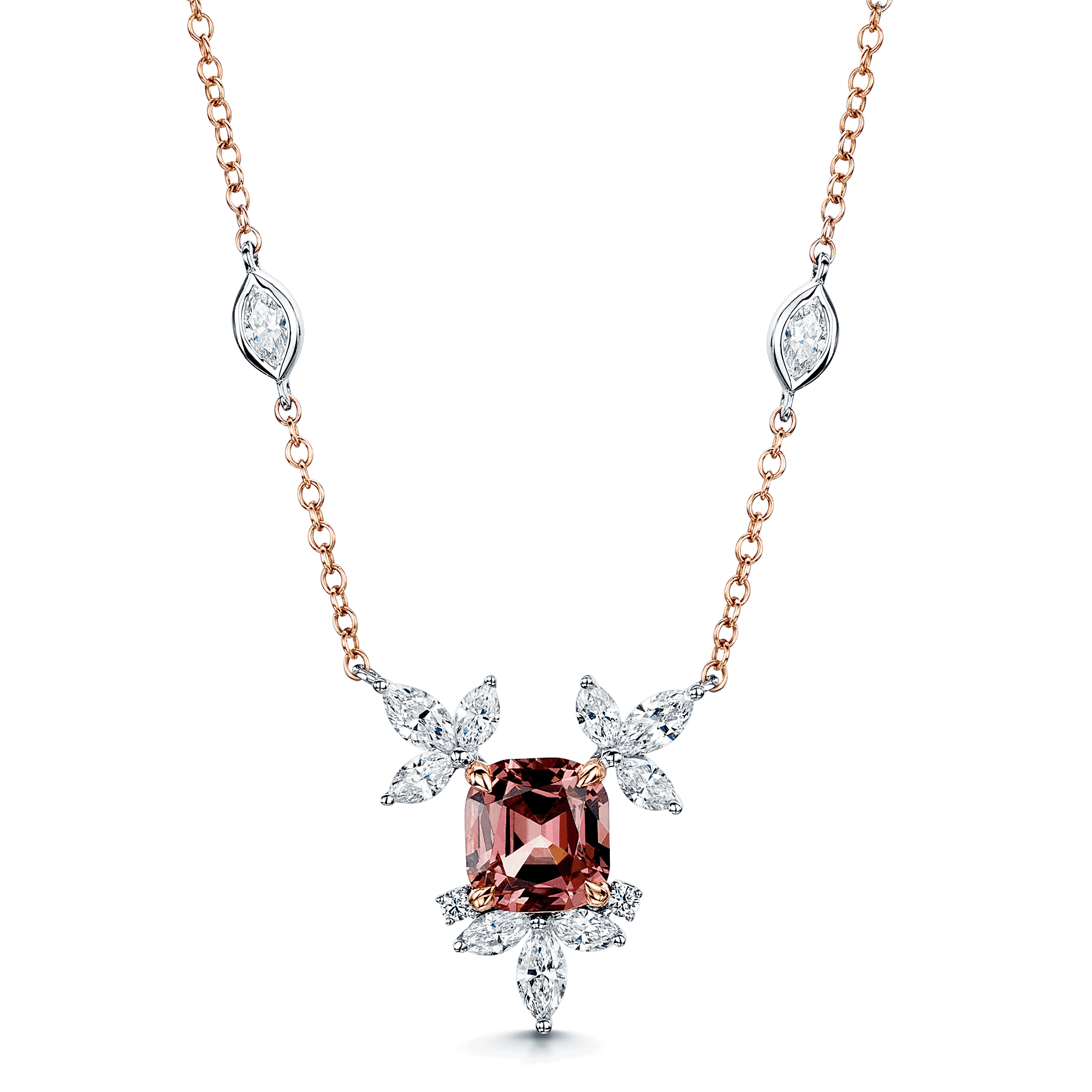 Berry's 18ct Rose & White Gold Malayan Garnet Marquise Diamond Flower Necklace With Marquise Cut Diamond Set Chain - Berry's Jewellers