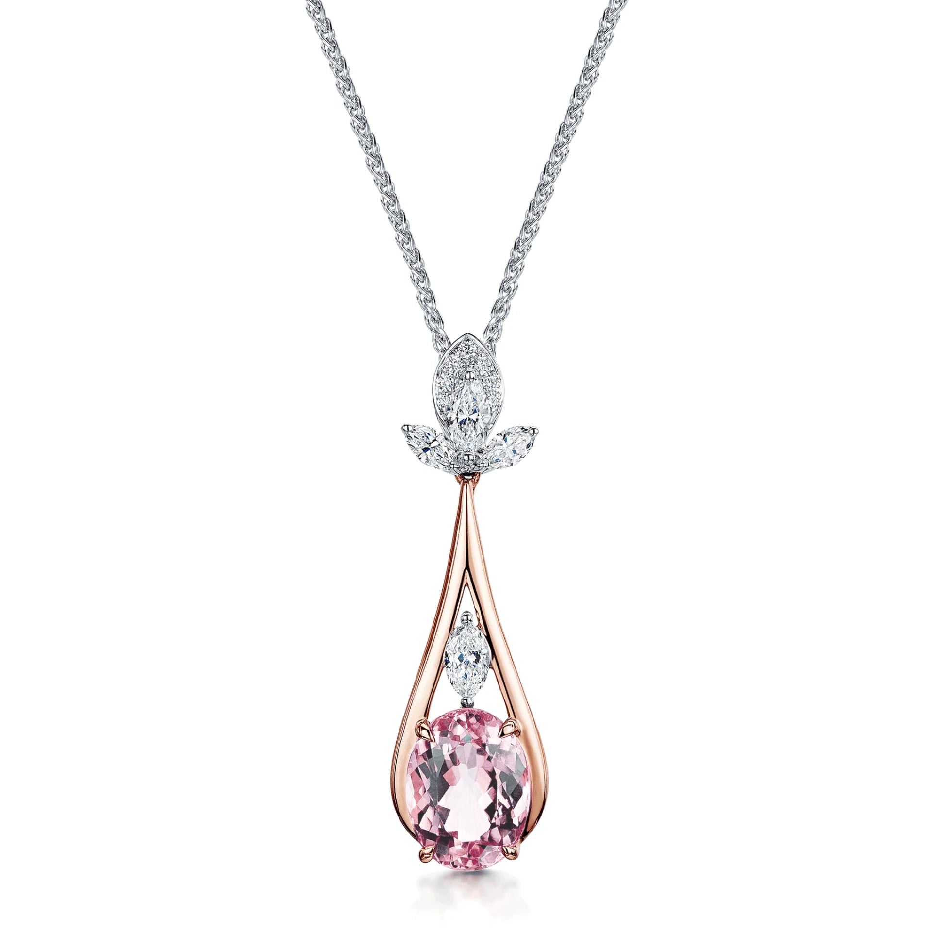 18ct Rose & White Gold Oval Cut Pink Tourmaline & Marquise Cut Diamond Pendant