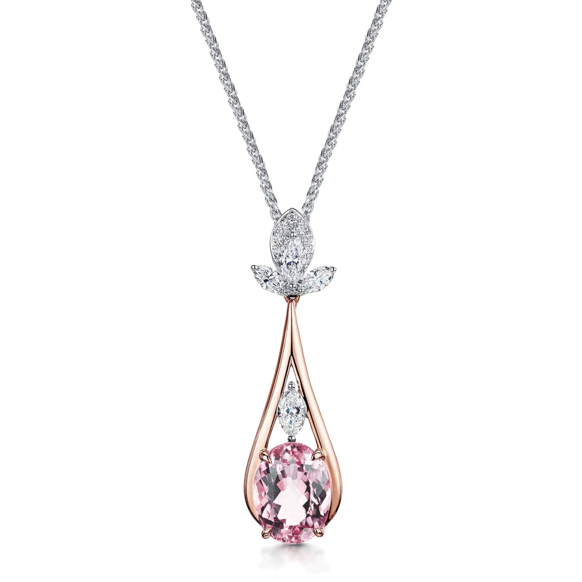 Berry's 18ct Rose & White Gold Oval Cut Pink Tourmaline & Marquise Cut Diamond Pendant - Berry's Jewellers