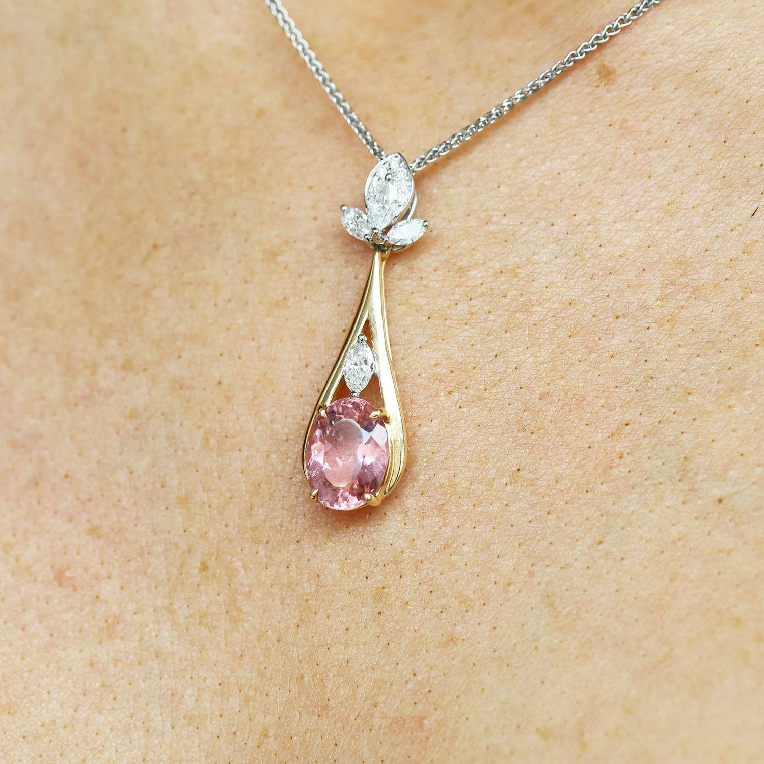 Berry's 18ct Rose & White Gold Oval Cut Pink Tourmaline & Marquise Cut Diamond Pendant - Berry's Jewellers