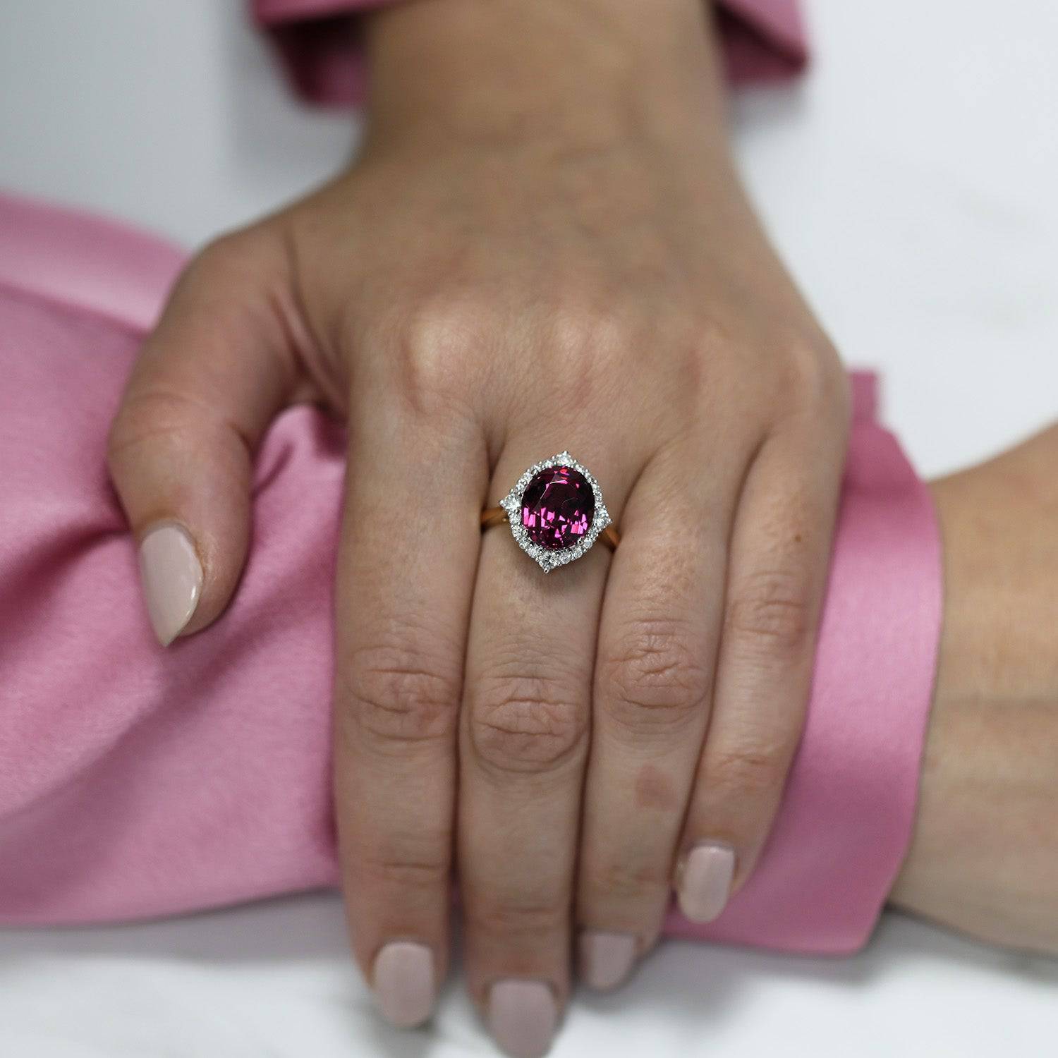 Berry's 18ct Rose & White Gold Oval Cut Umbalite Garnet In A Diamond Halo Setting Ring - Berry's Jewellers