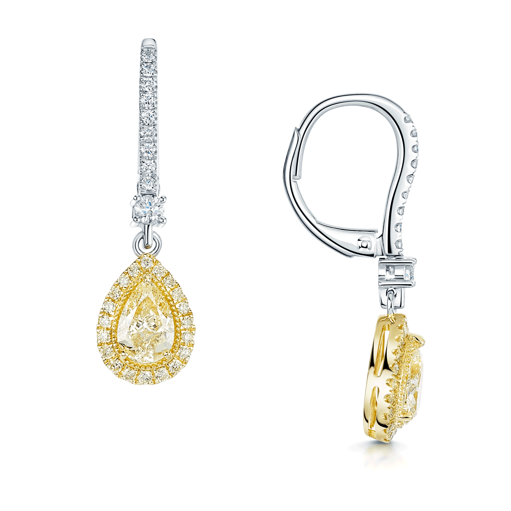 Berry's 18ct White And Yellow Gold Pear Shaped Yellow Diamond Halo Drop Earrings - Berry's Jewellers