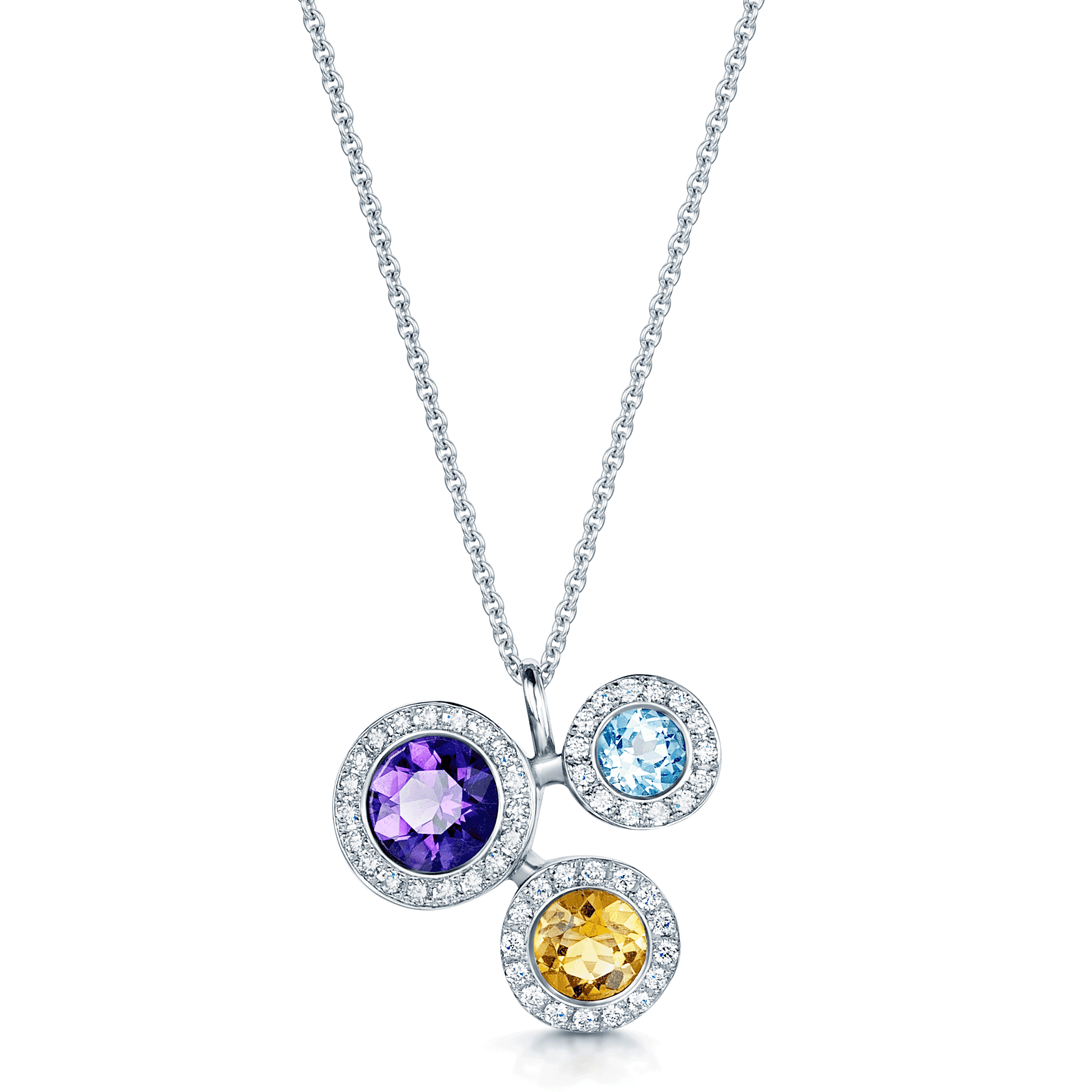 Berry's 18ct White Gold Amethyst, Aquamarine & Citrine Diamond Triple Halo Cluster Pendant - Berry's Jewellers