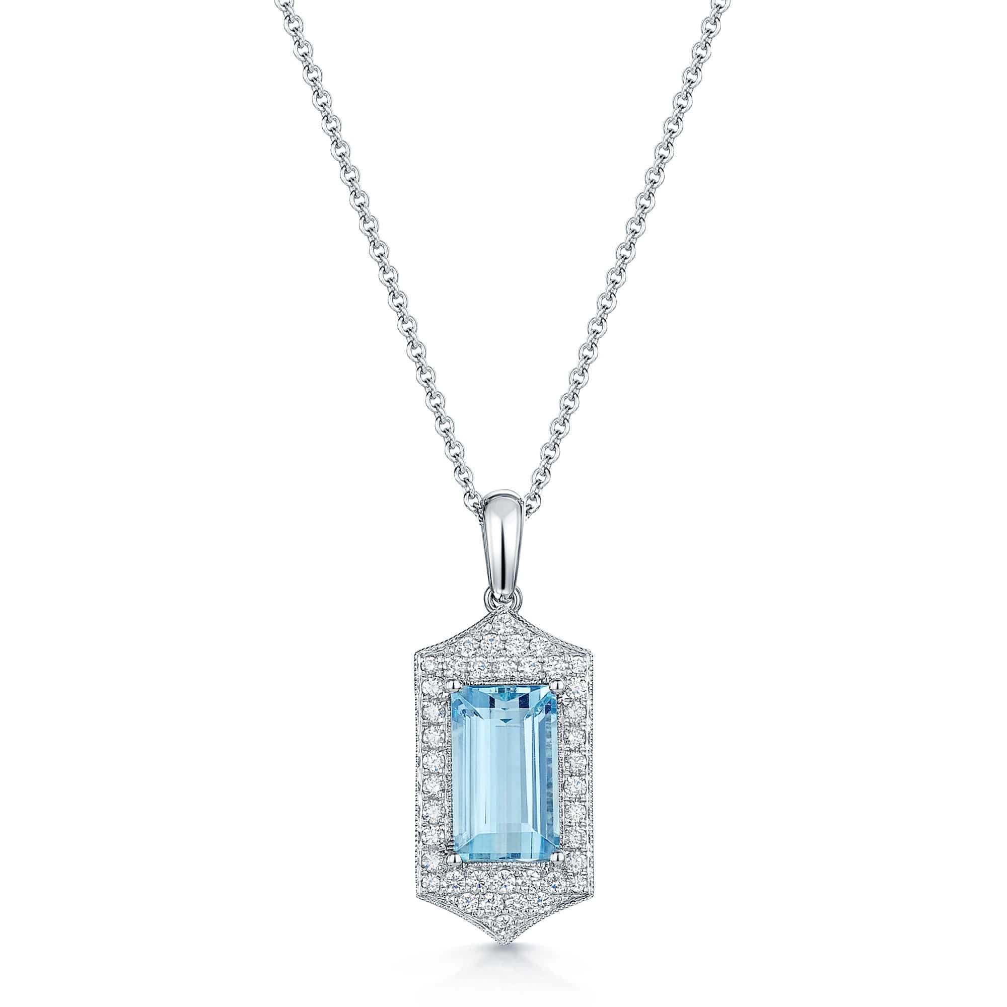 18ct White Gold Aquamarine & Diamond Vintage Style Pendant