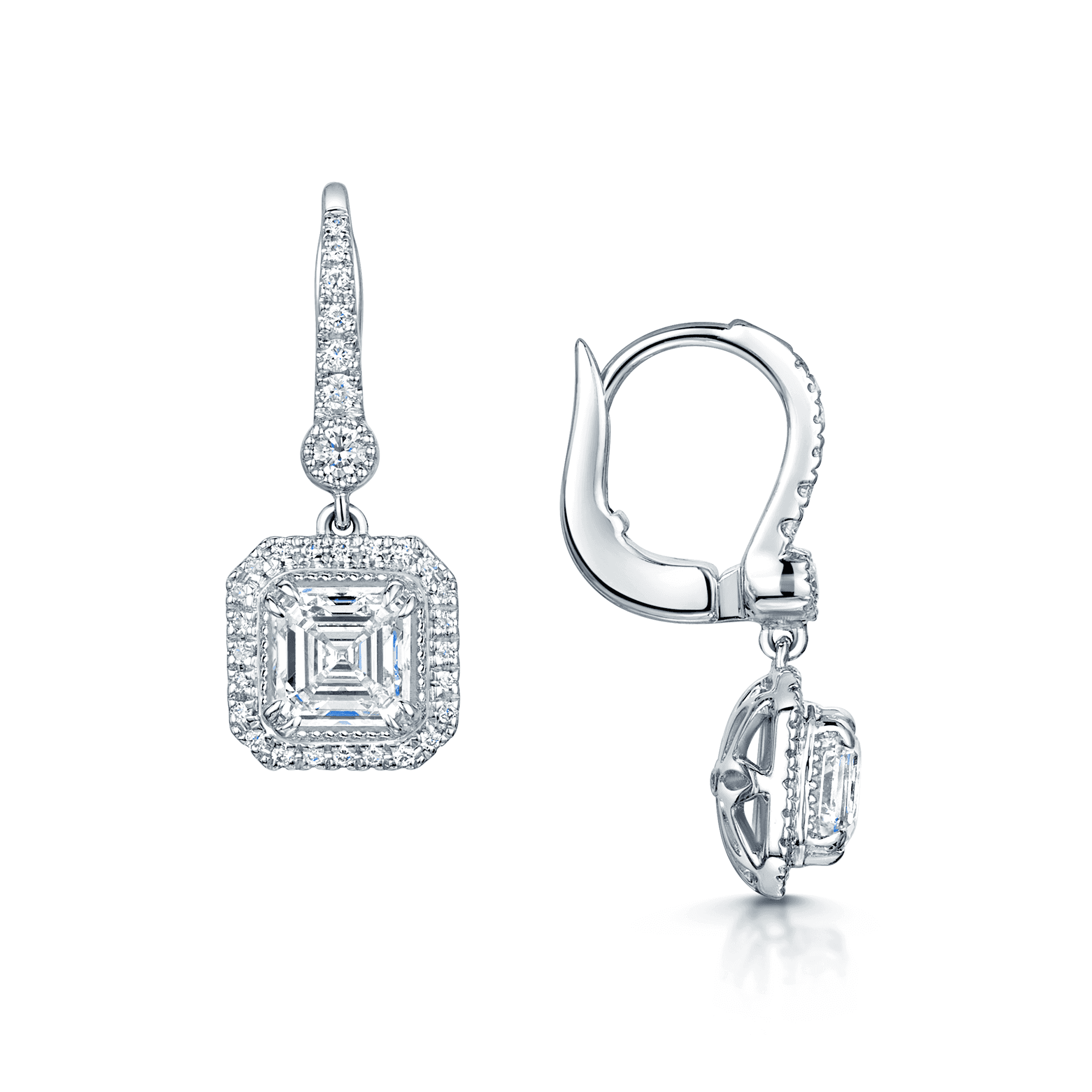 Berry's 18ct White Gold Asscher Cut And Round Brilliant Diamond Halo Cluster Drop Earrings - Berry's Jewellers