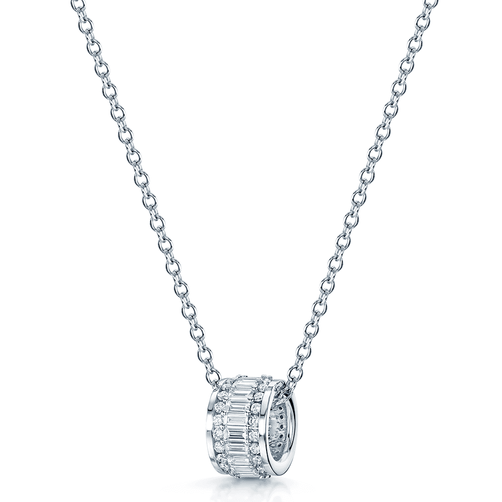 Berry's 18ct White Gold Baguette and Round Brilliant Cut Diamond Barrel Style Pendant - Berry's Jewellers