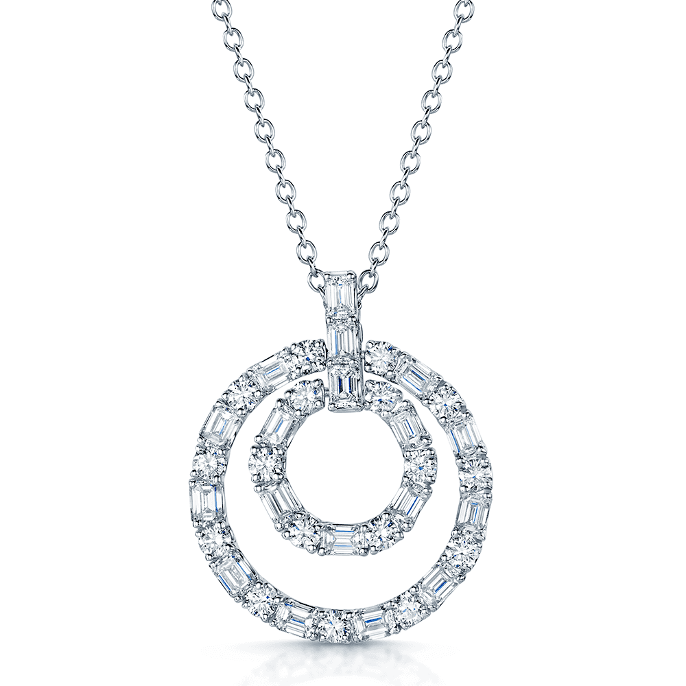 18ct White Gold Baguette and Round Brilliant Cut Diamond Double Circle Pendant