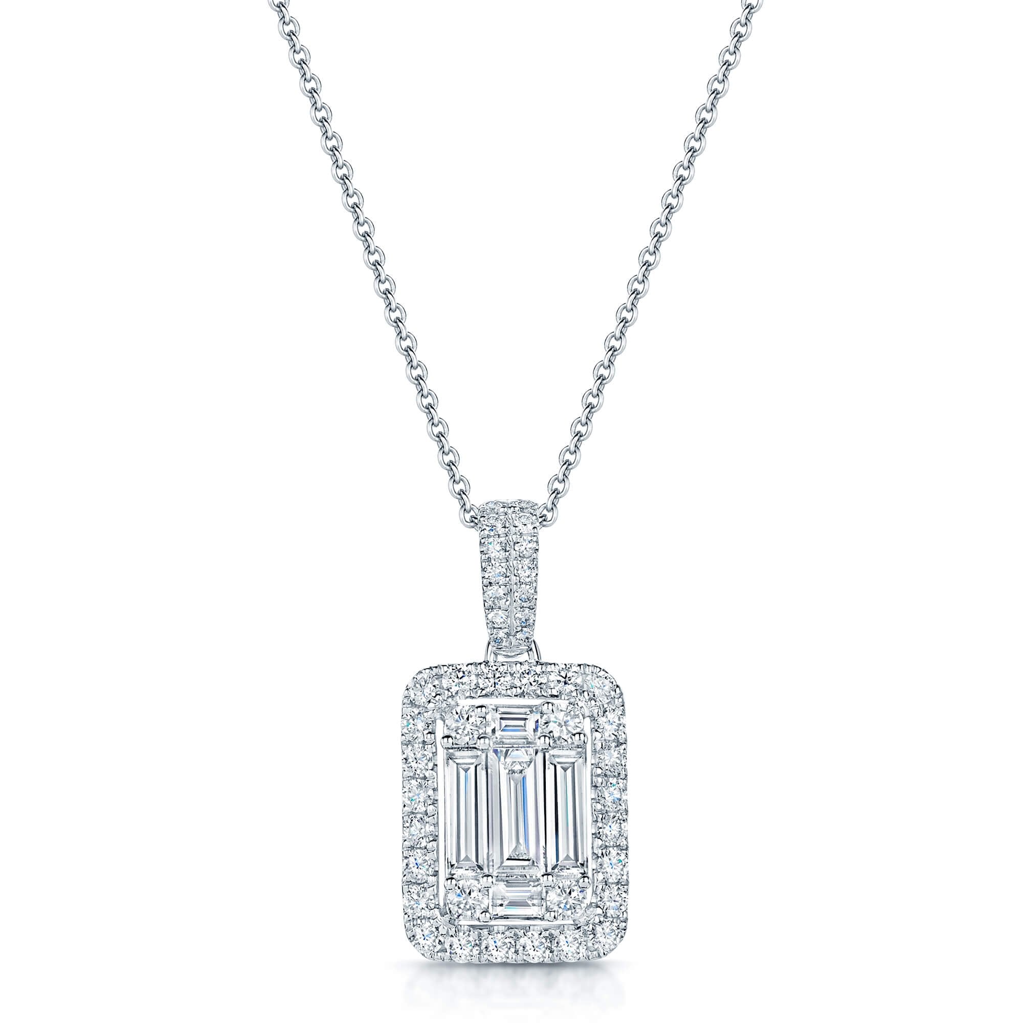 Berry's 18ct White Gold Baguette And Round Brilliant Cut Diamond Halo Pendant With A Diamond Bale - Berry's Jewellers