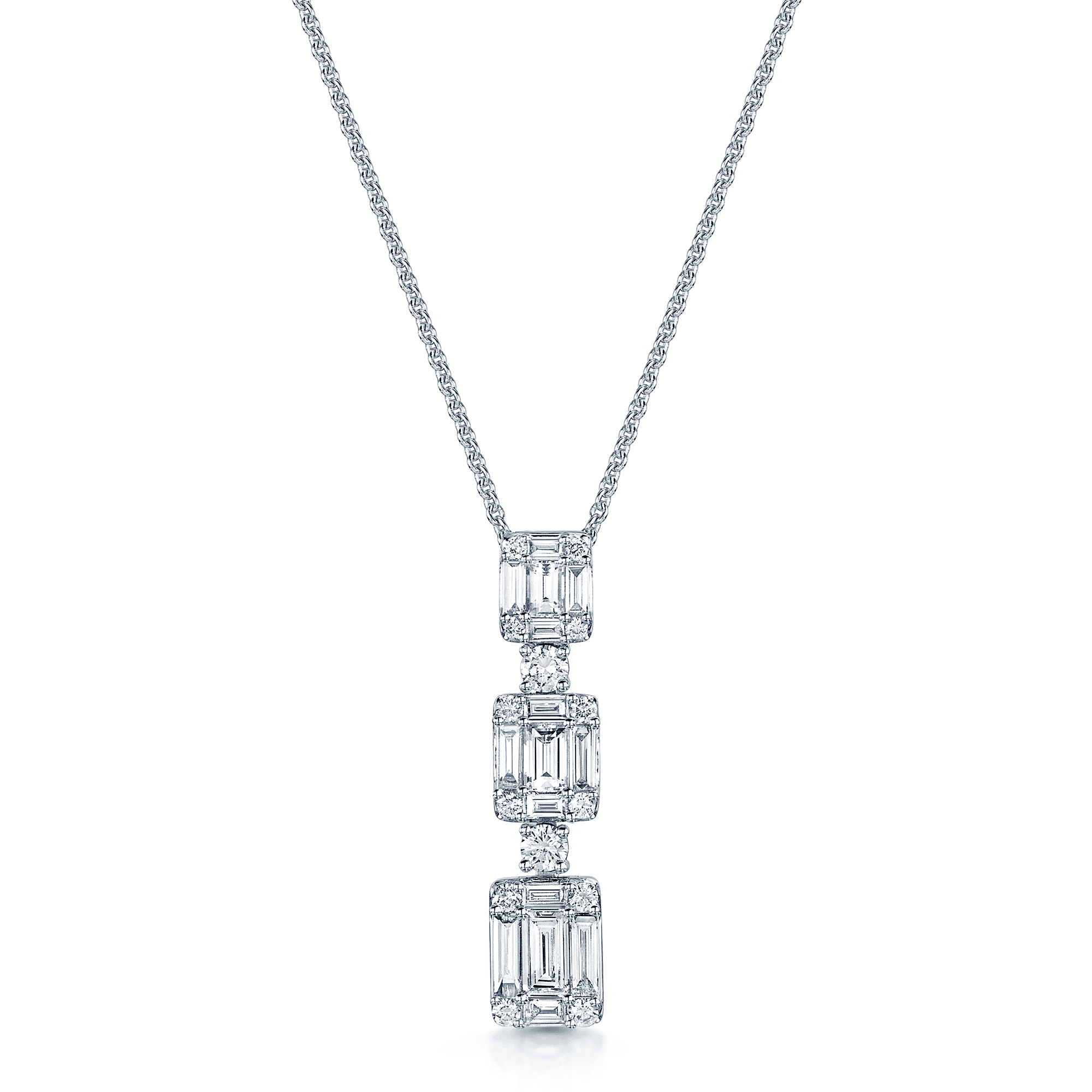 18ct White Gold Baguette and Round Brilliant Cut Diamond Three Tier Drop Pendant