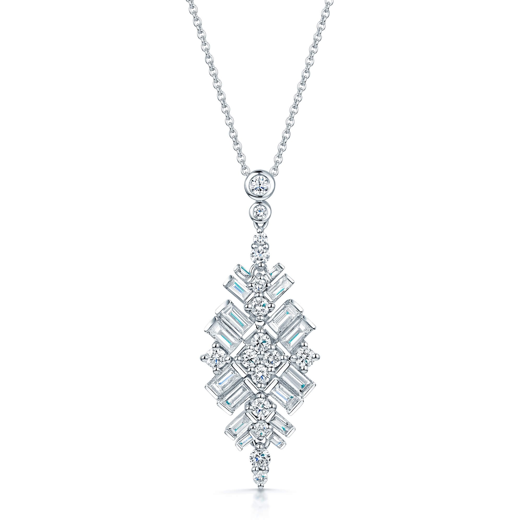 Berry's 18ct White Gold Baguette And Round Brilliant Cut Diamond Vintage Pendant - Berry's Jewellers