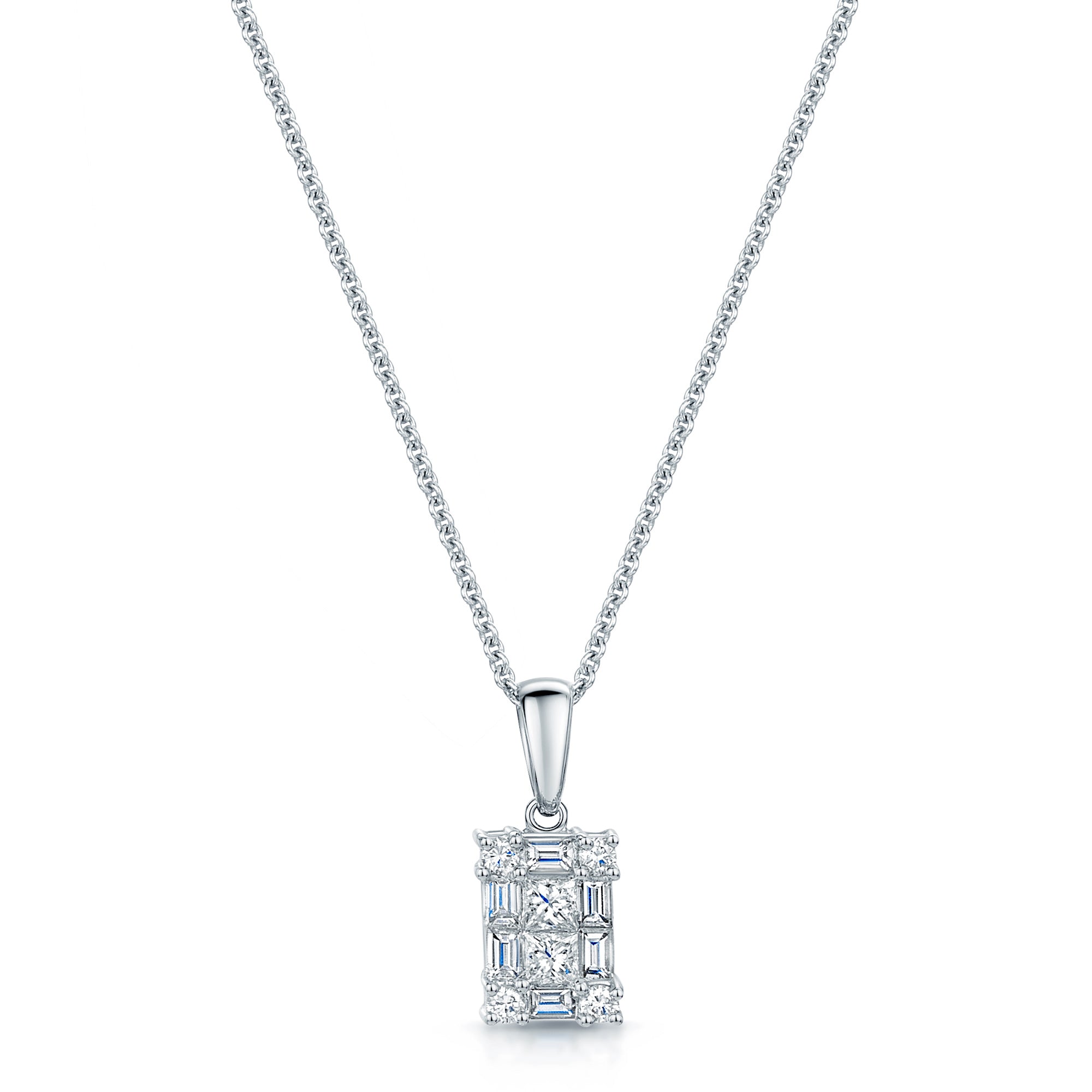 Berry's 18ct White Gold Baguette, Princess & Round Brilliant Diamond Set Rectangular Pendant - Berry's Jewellers