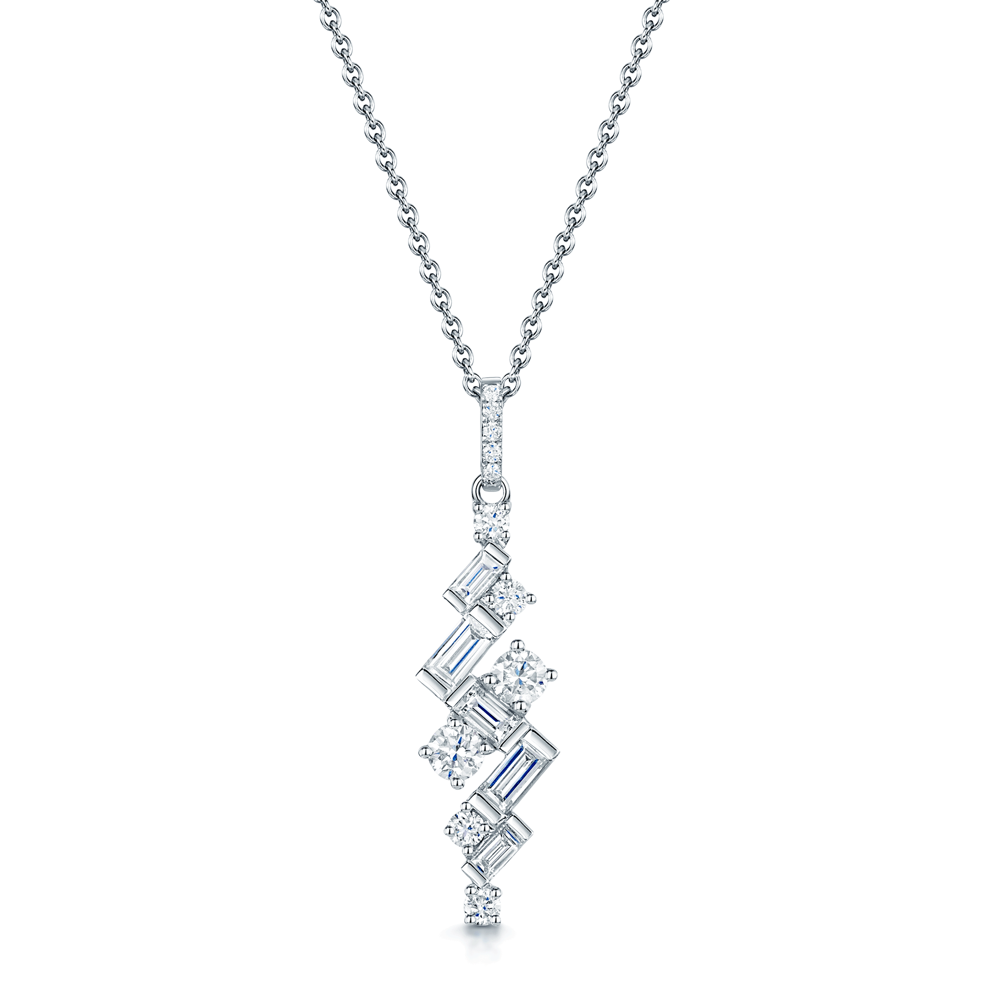 Berry's 18ct White Gold Baguette & Round Brilliant Cut Diamond Drop Pendant - Berry's Jewellers