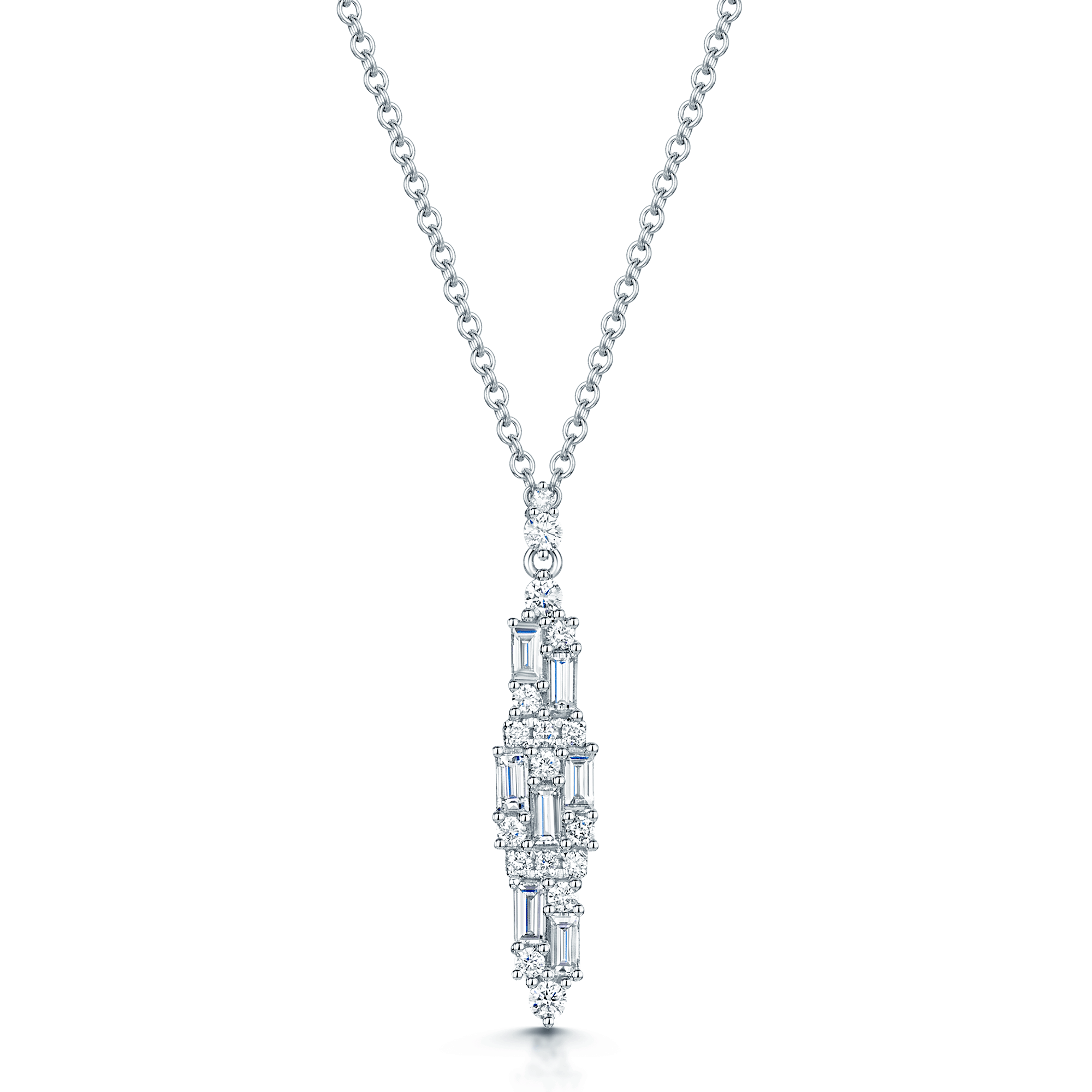 18ct White Gold Baguette & Round Brilliant Cut Diamond Drop Pendant