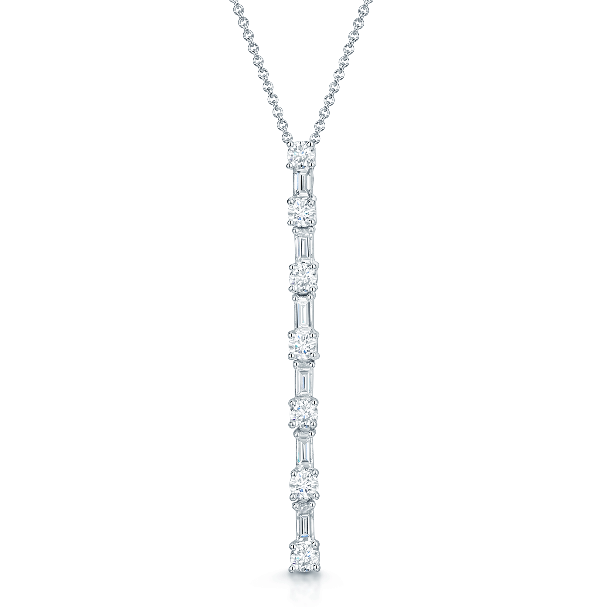 Berry's 18ct White Gold Baguette & Round Brilliant Cut Diamond Long Bar Design Drop Pendant - Berry's Jewellers