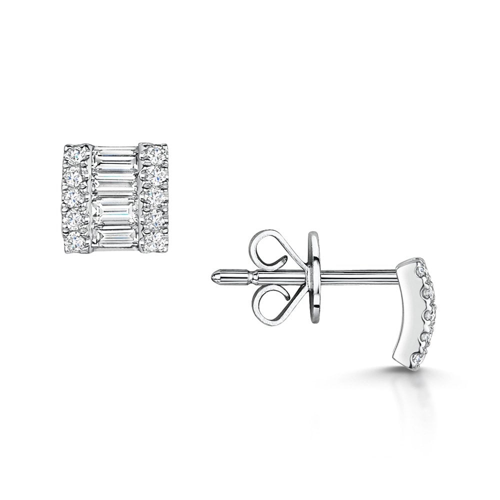 18ct White Gold Baguette & Round Brilliant Diamond Stud Earrings