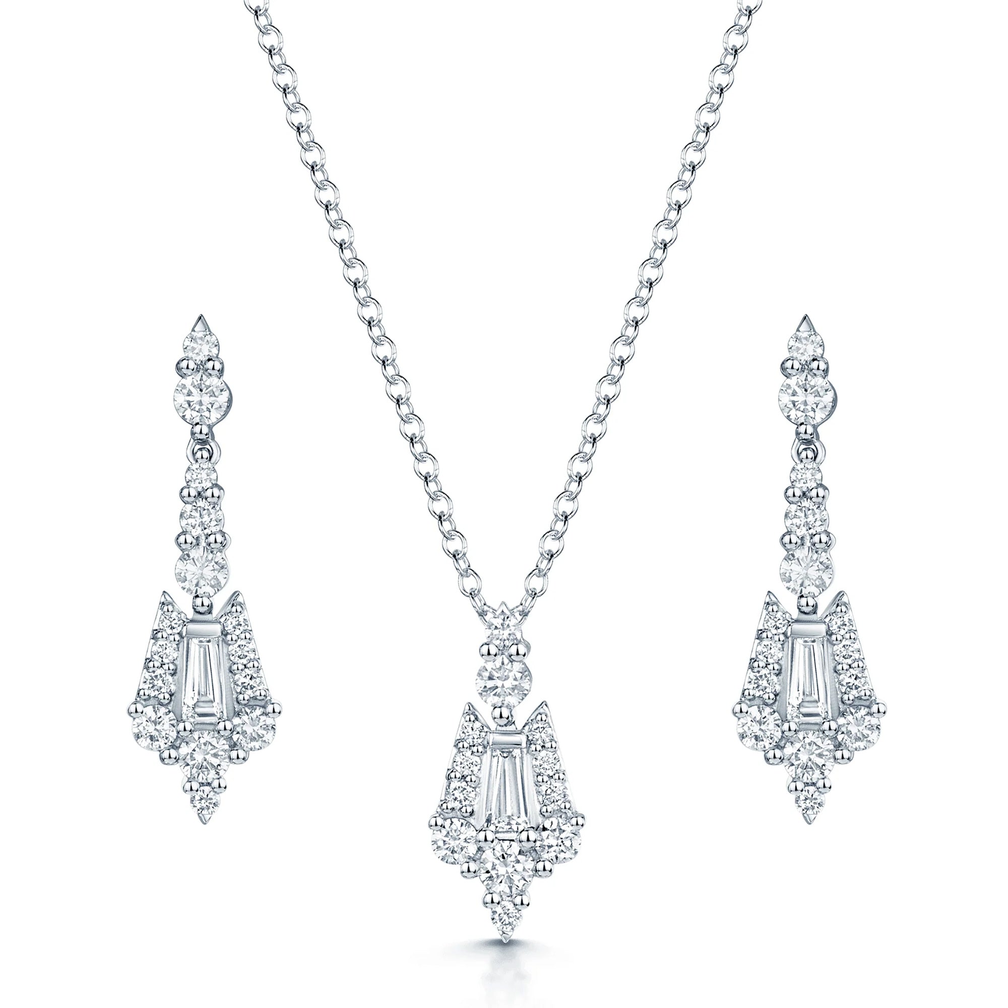 18ct White Gold Brilliant & Baguette Cut Diamond Pendant & Earring Set