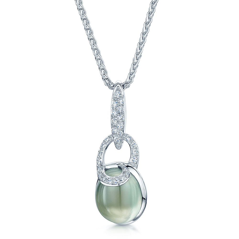 18ct White Gold Cabochon Prehnite & Diamond Pendant