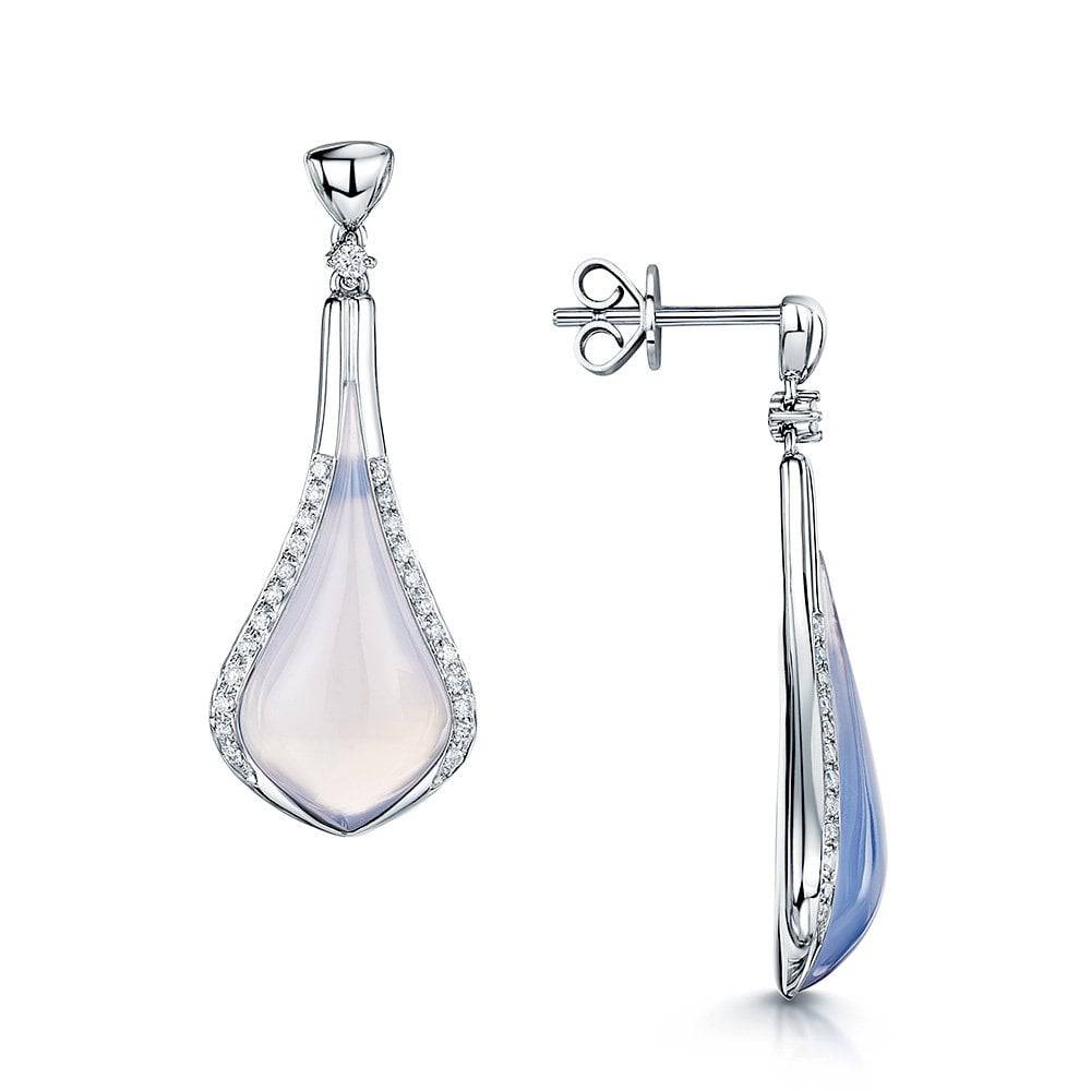 18ct White Gold Chalcedony Pear Shape Cabochon Drop Earrings