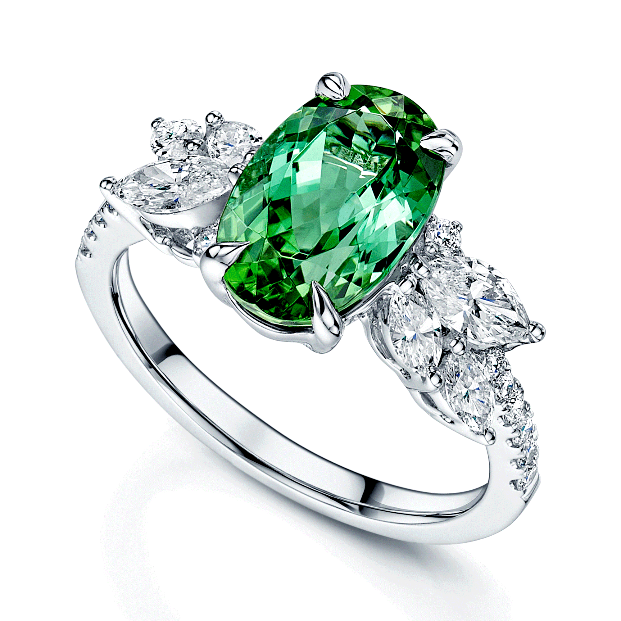 Berry's 18ct White Gold Claw Set Oval Green Tourmaline & Marquise Cut Diamond Cluster Ring With Diamond Set Shoulders - Berry's Jewellers