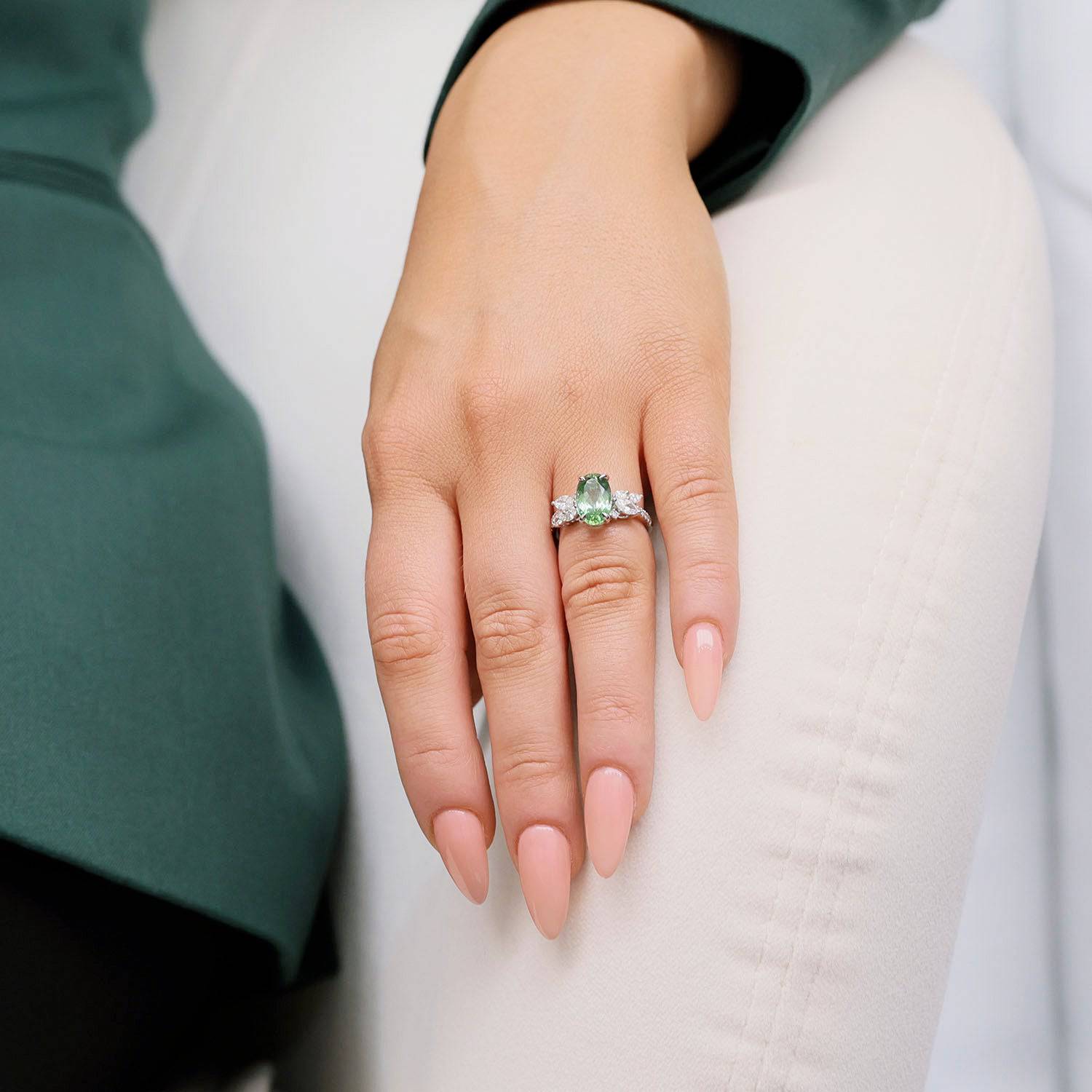 18ct White Gold Claw Set Oval Green Tourmaline & Marquise Cut Diamond Cluster Ring With Diamond Set Shoulders