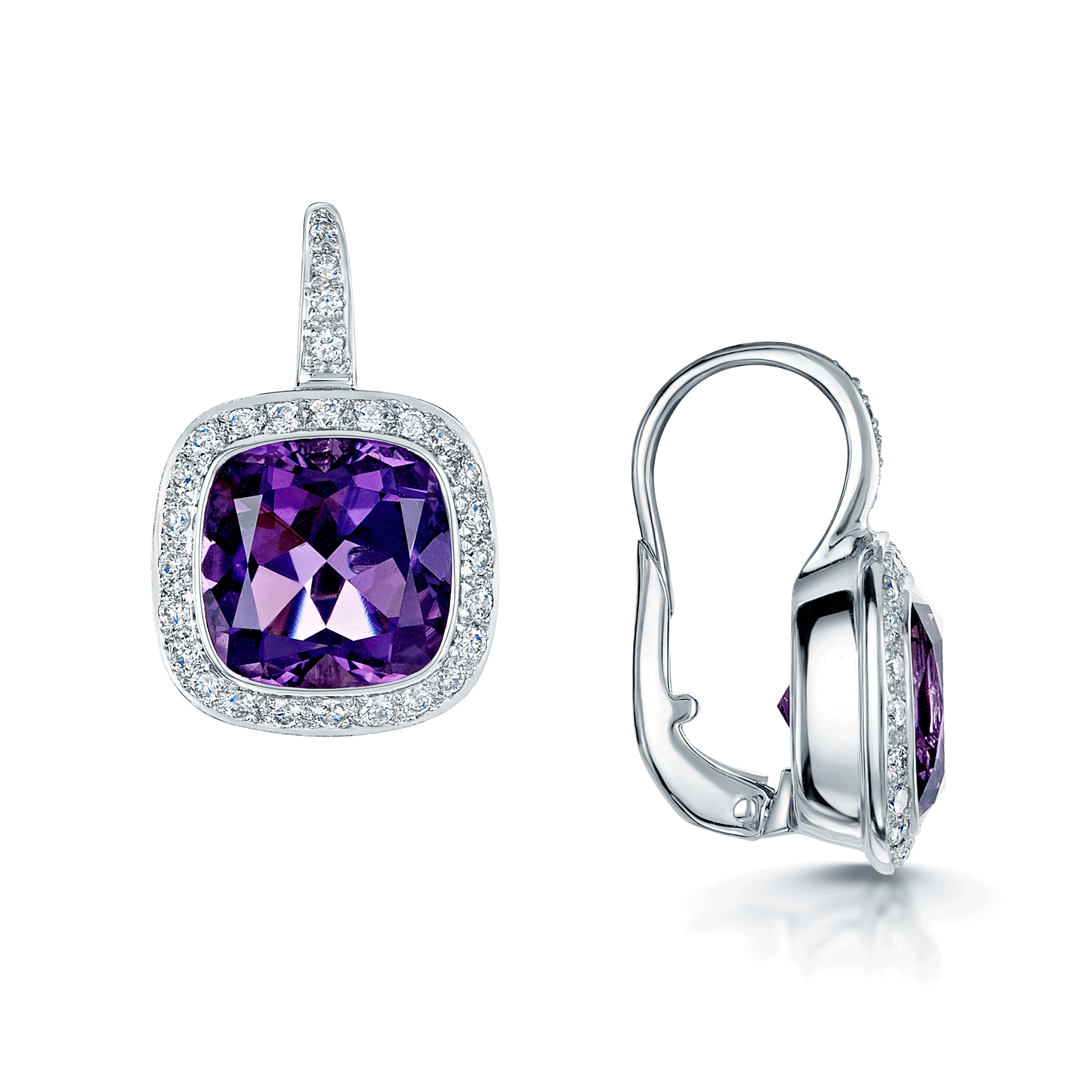 Berry's 18ct White Gold Cushion Cut Amethyst & Diamond Pave Set Drop Earrings - Berry's Jewellers